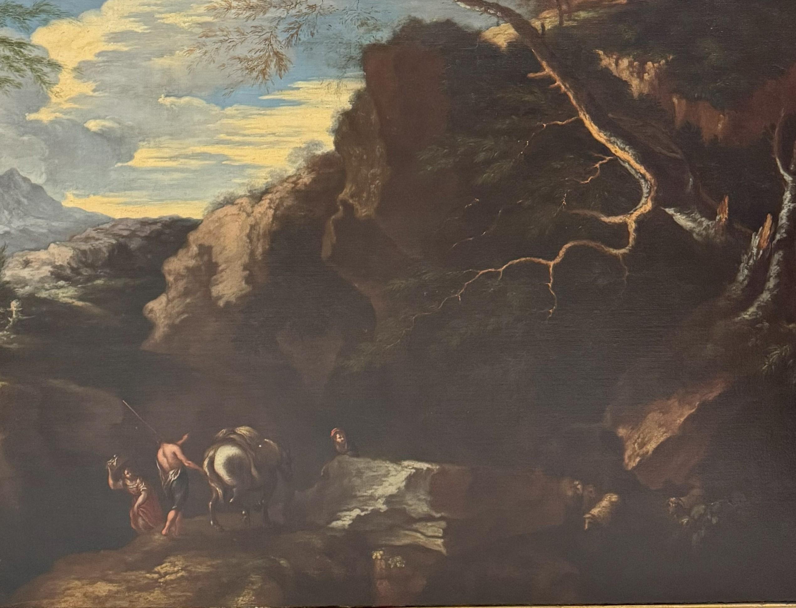 Bartolomeo Torreggiani (1590-1674) 'Paisaje rocoso con figuras'. Aceitado