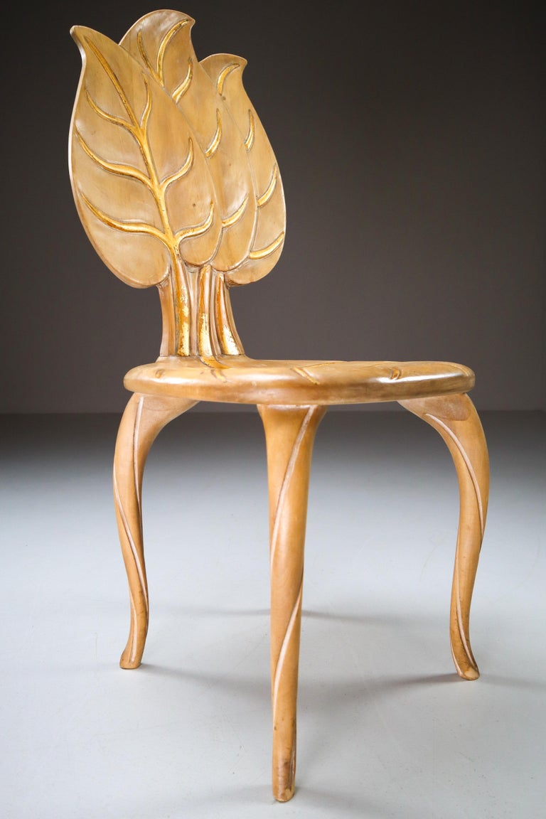 Italian Bartolozzi & Maioli Wooden and Gold Leaf Chair, Italy, 1970s For Sale