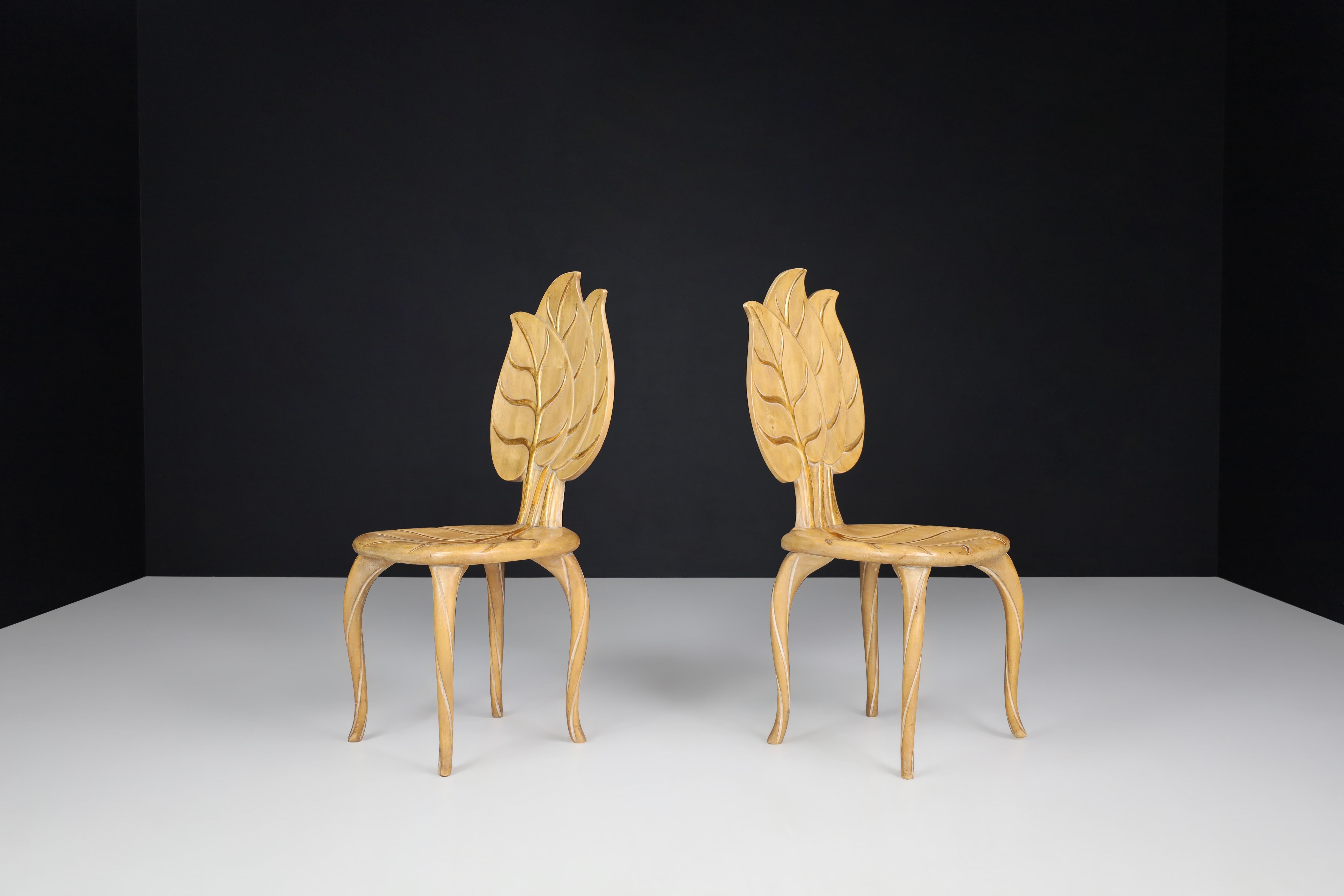 Arts and Crafts Bartolozzi & Maioli Wooden and Gold Leaf Chairs, Italy, 1970s For Sale