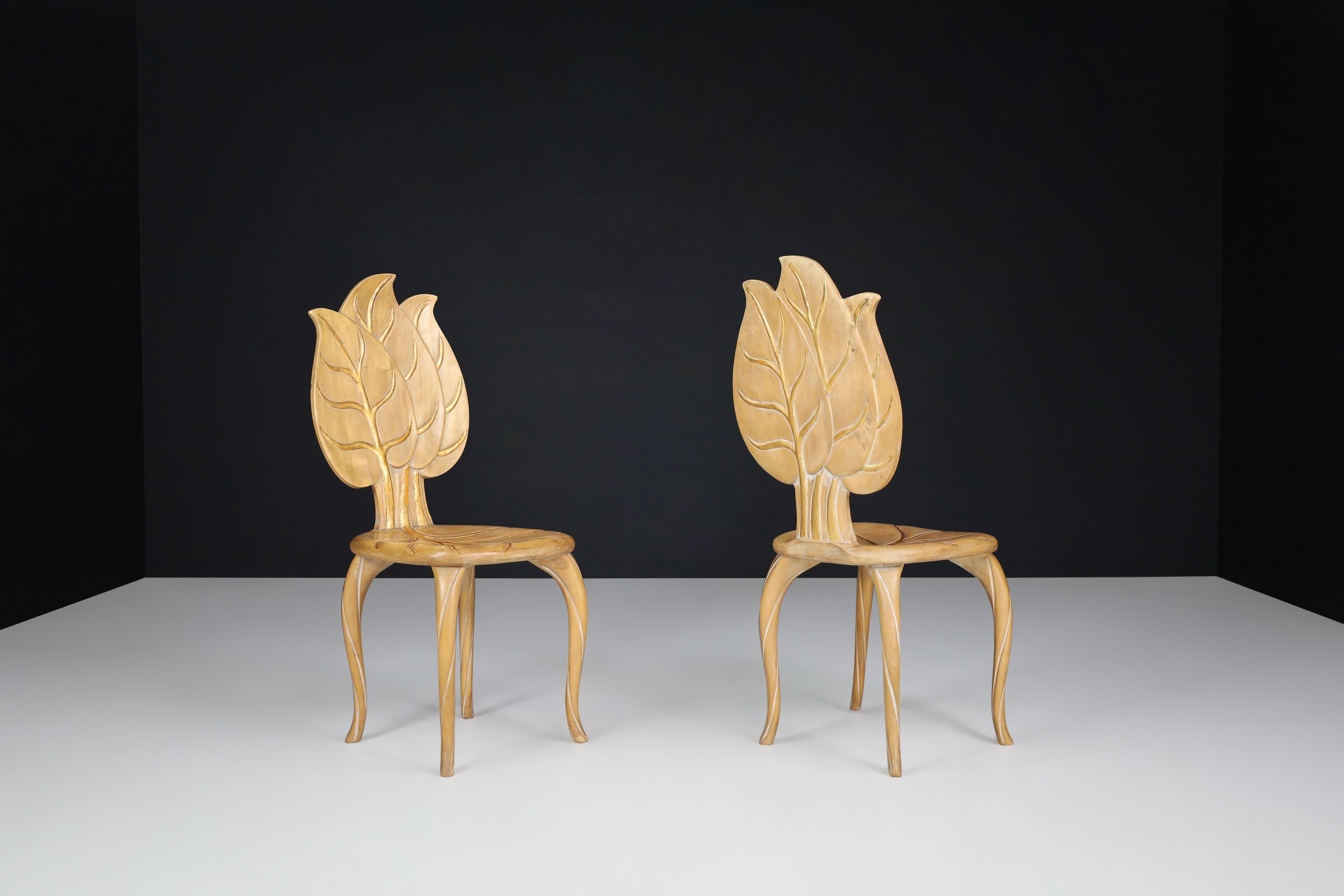 Italian Bartolozzi & Maioli Wooden and Gold Leaf Chairs, Italy, 1970s  For Sale