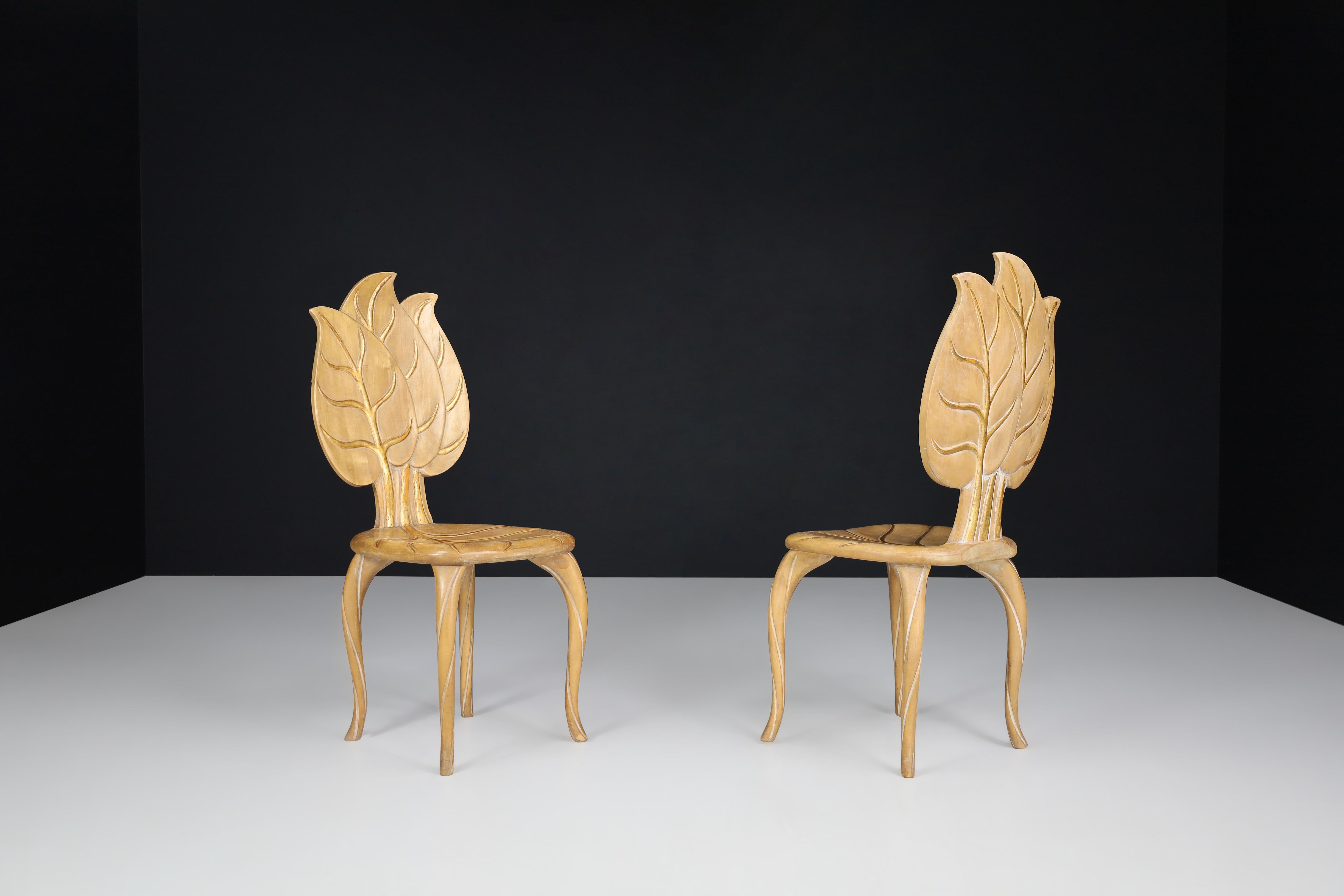 Beech Bartolozzi & Maioli Wooden and Gold Leaf Chairs, Italy, 1970s For Sale