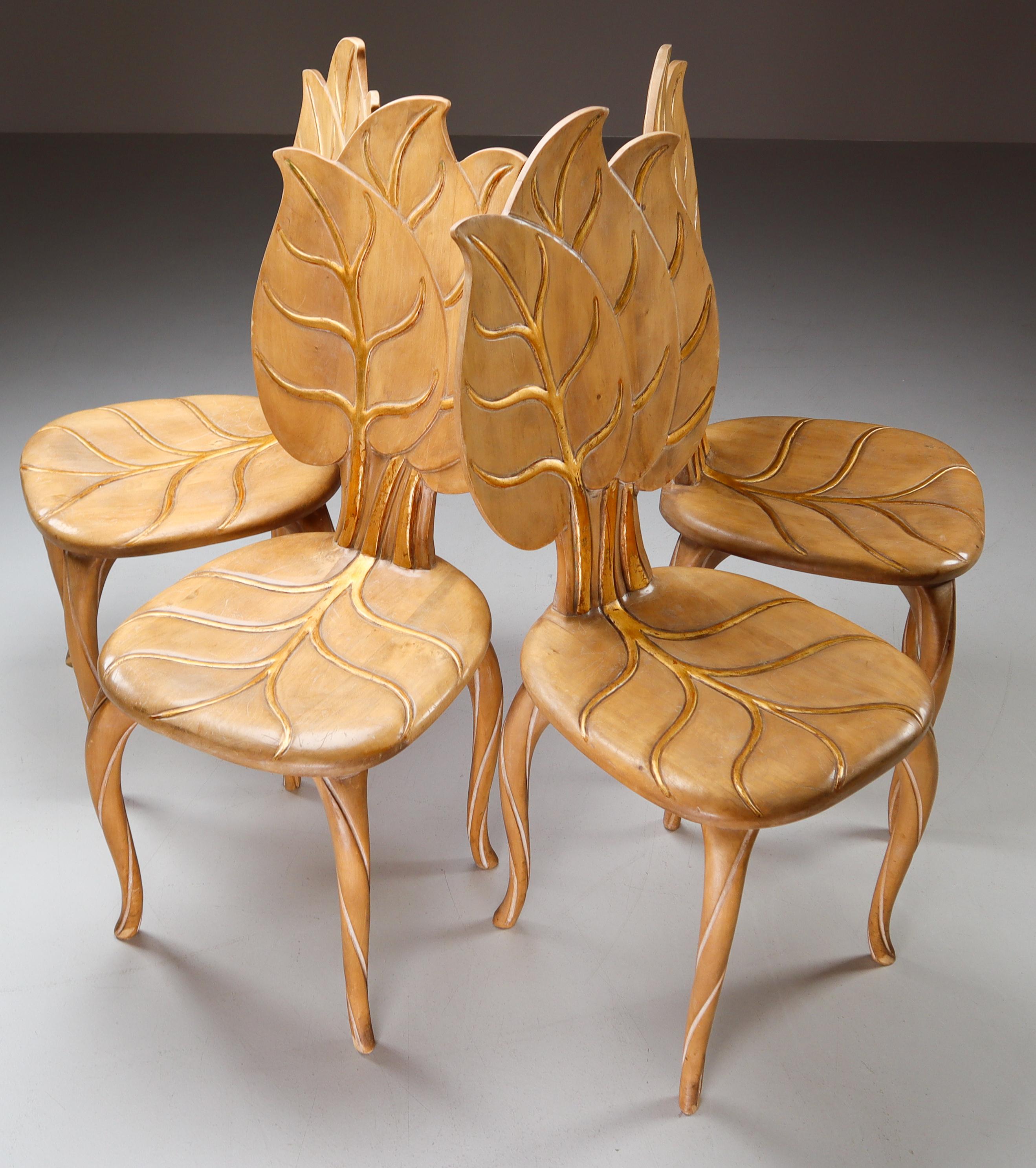 Bartolozzi & Maioli Wooden and Gold Leaf Chairs, Italy, 1970s 4