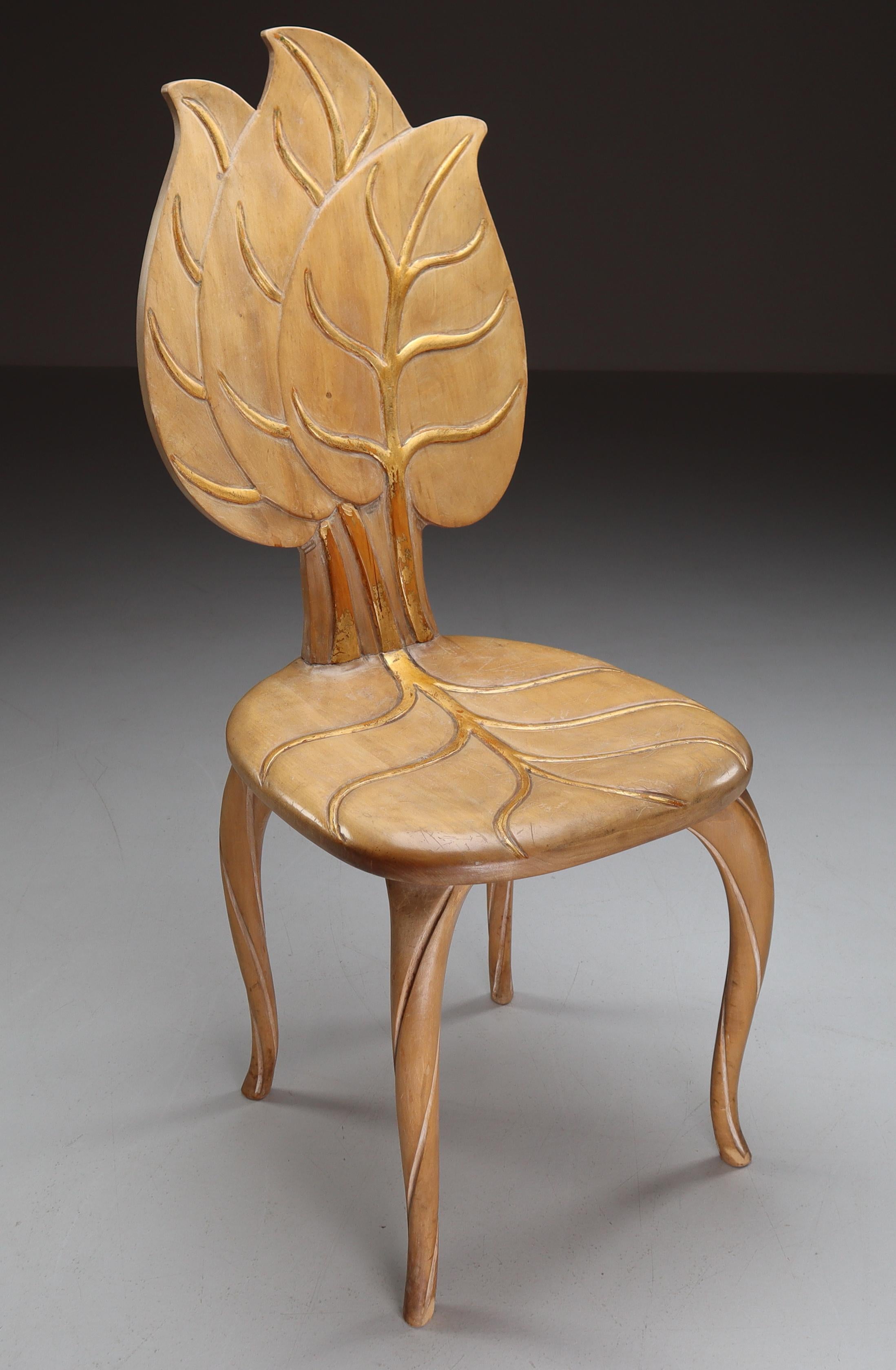 Italian Bartolozzi & Maioli Wooden and Gold Leaf Chairs, Italy, 1970s