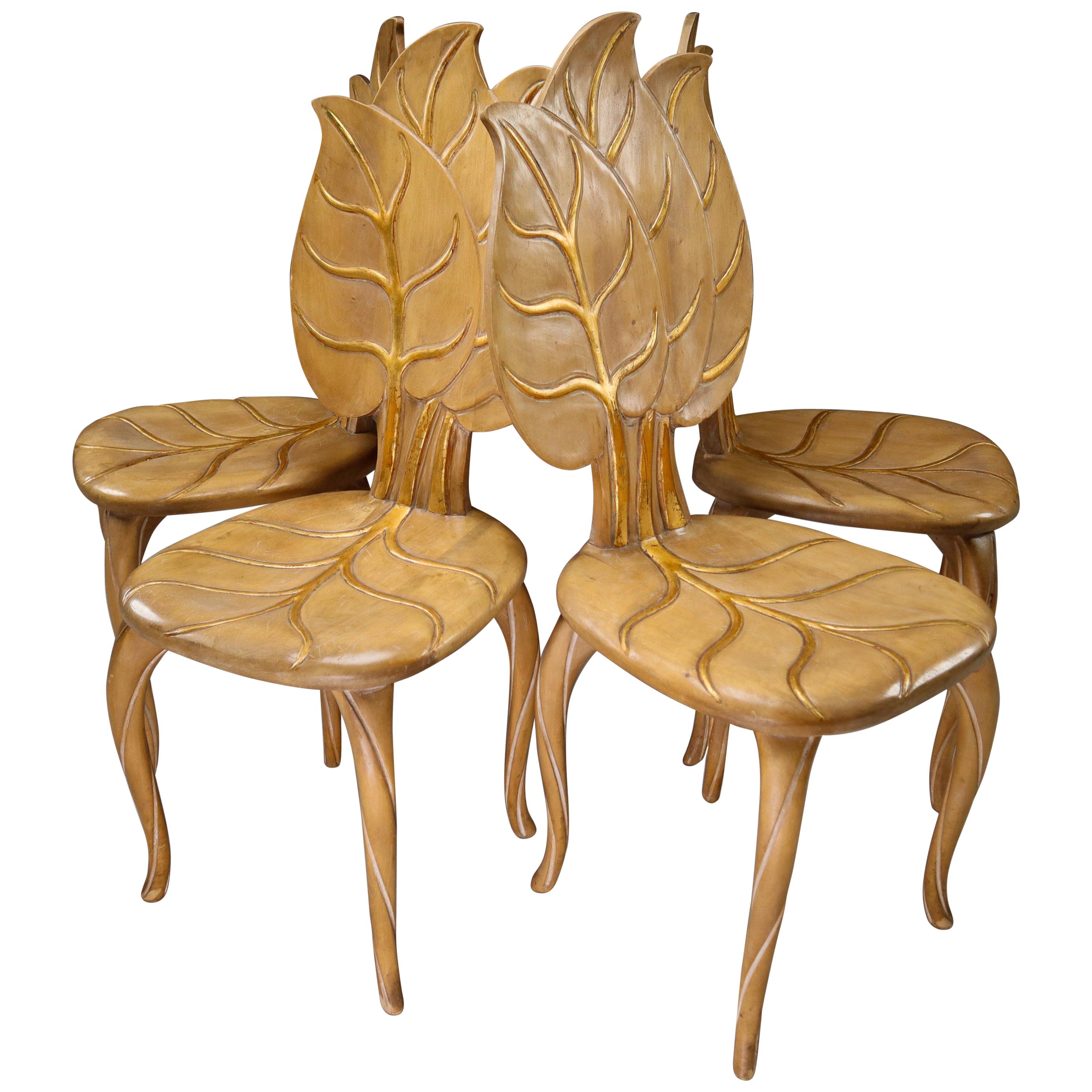 Bartolozzi & Maioli Wooden and Gold Leaf Chairs, Italy, 1970s