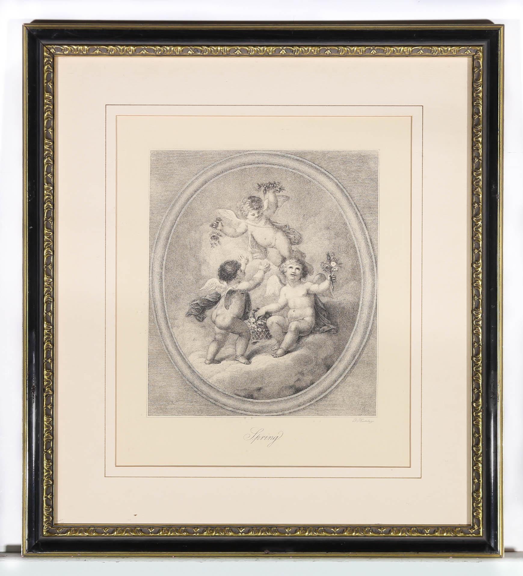 A handsomely presented pair of 19th Century re-strikes from the original plates by Francesco Bartolozzi. The pair show the seasons of Spring and Summer represented by putti, holding aloft nests of baby birds and sprigs of flowers and blossoms. The