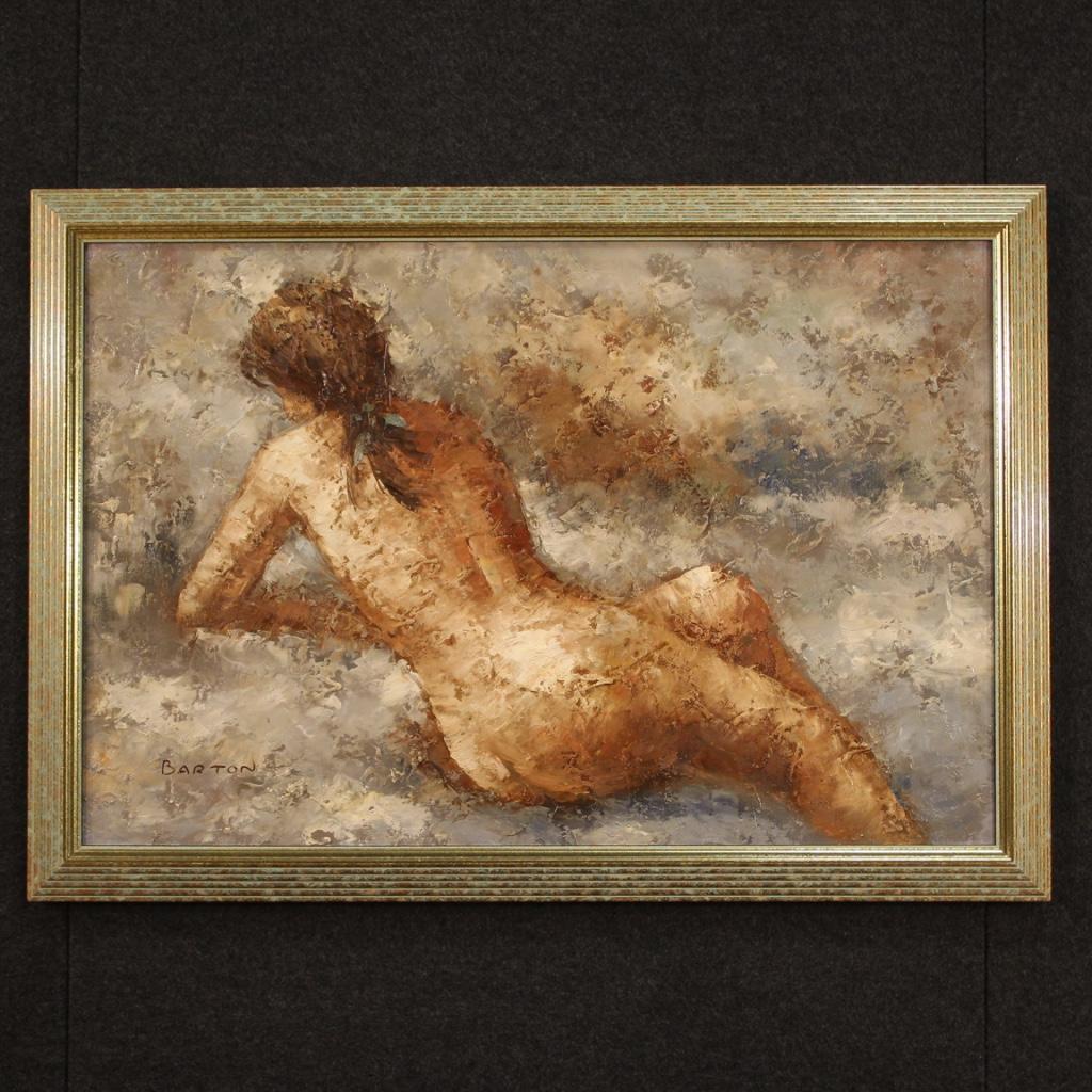 American painting from the second half of the 20th century. Framework oil on canvas depicting a female nude with a good pictorial quality. Modern wooden frame, carved and gilded, of beautiful decoration. Painting of great measure and impact, for