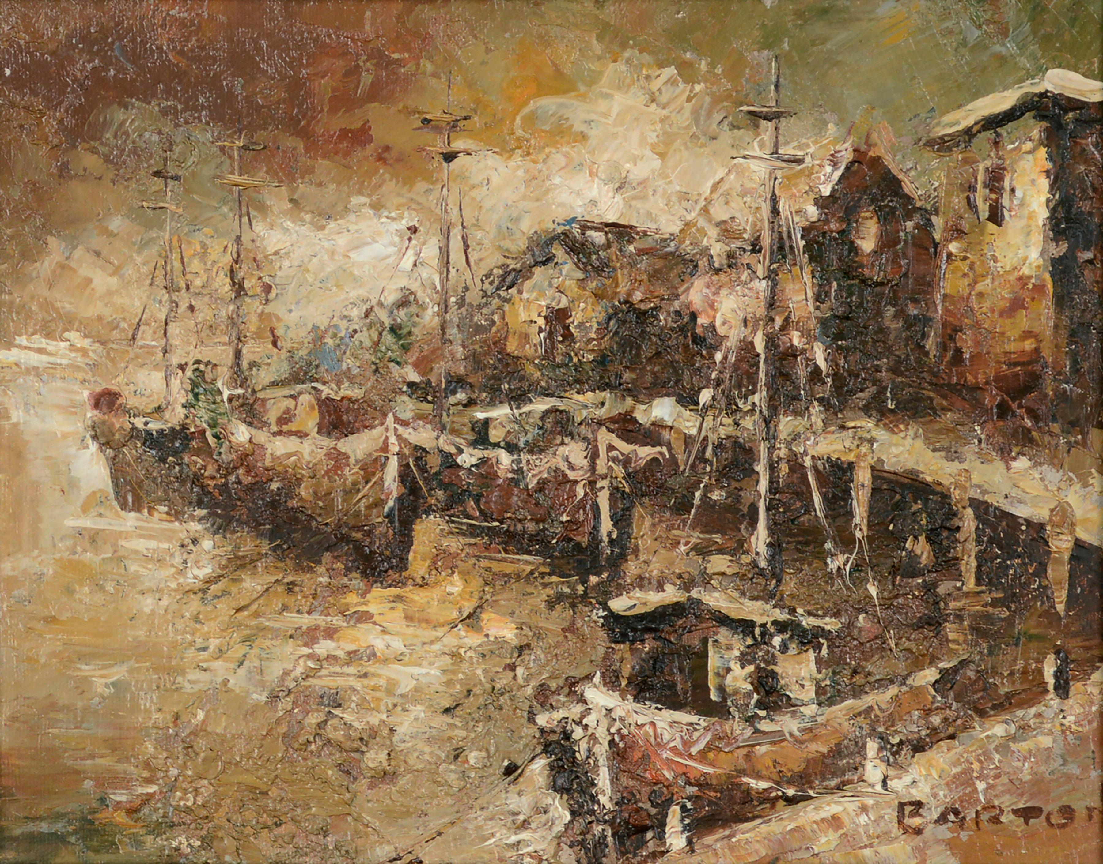 Fishing Boats at the Wharf - Mid Century Impasto Earthtone Landscape  - Painting by Barton