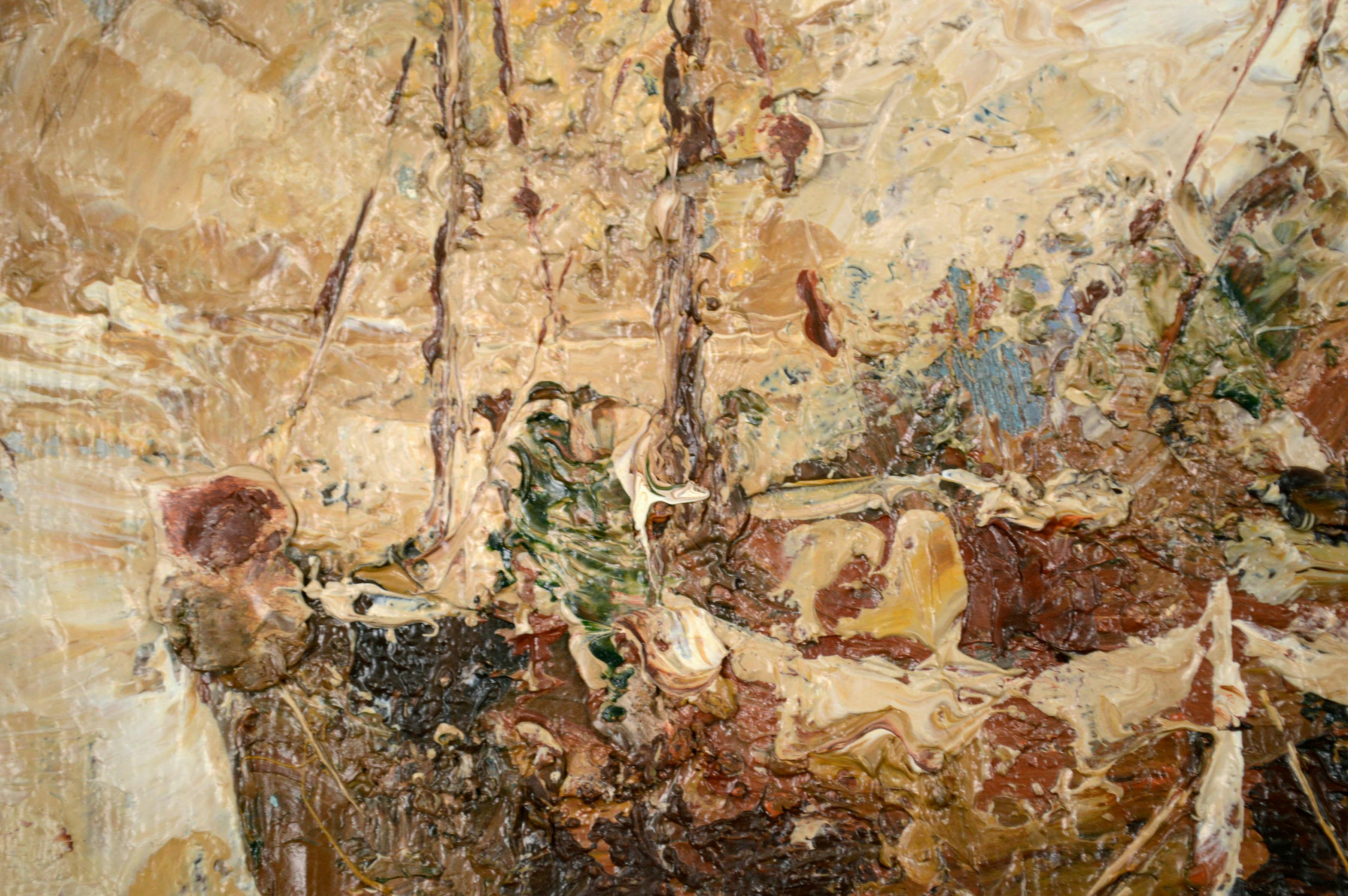Beautiful mid-century textural impasto landscape, in a monochromatic earthtone palette, of fishing boats docked at a wharf by unknown artist Barton, c.1950s. The heavy texture is created using the impasto technique, which increases the depth and