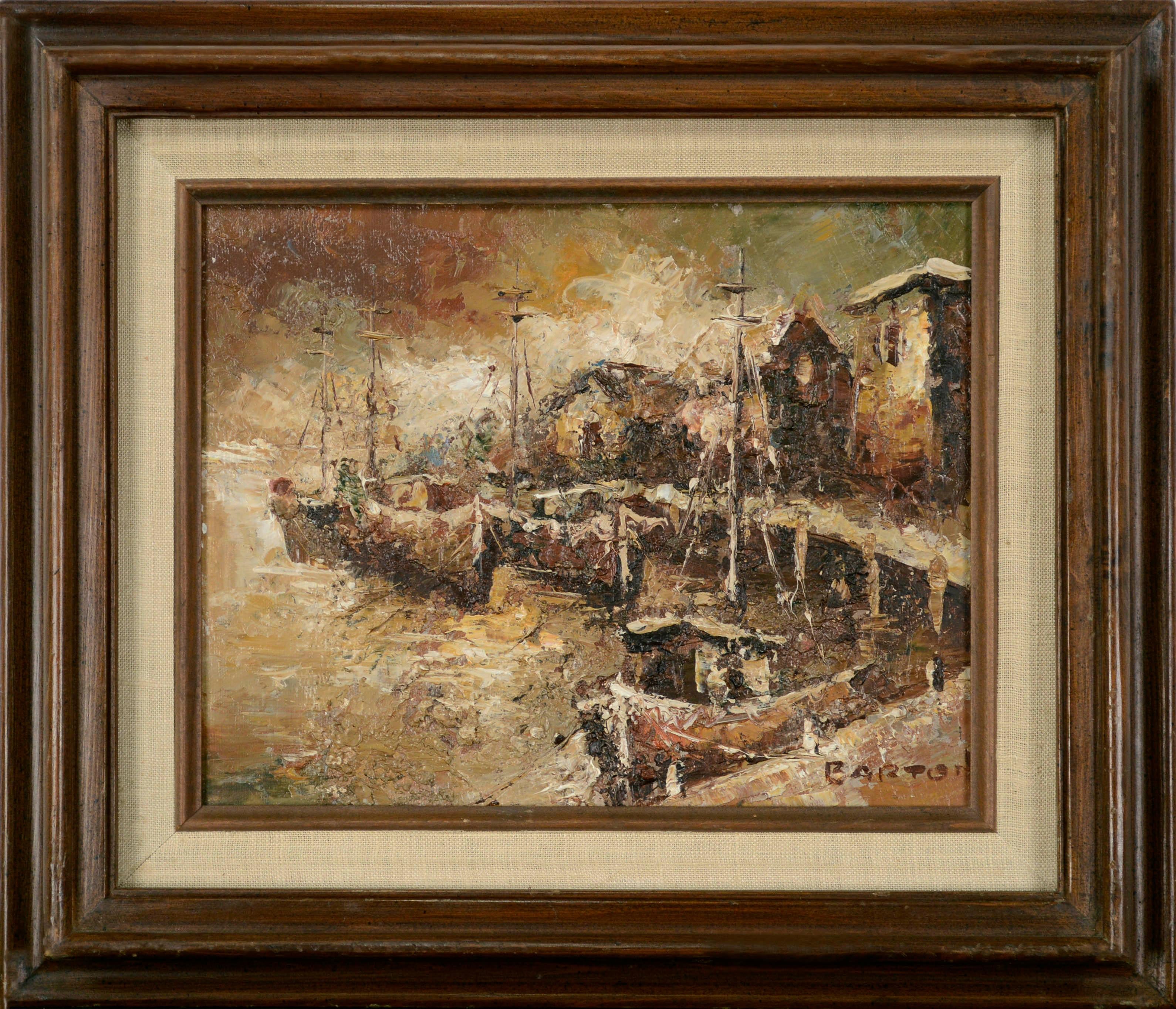 Barton Landscape Painting - Fishing Boats at the Wharf - Mid Century Impasto Earthtone Landscape 