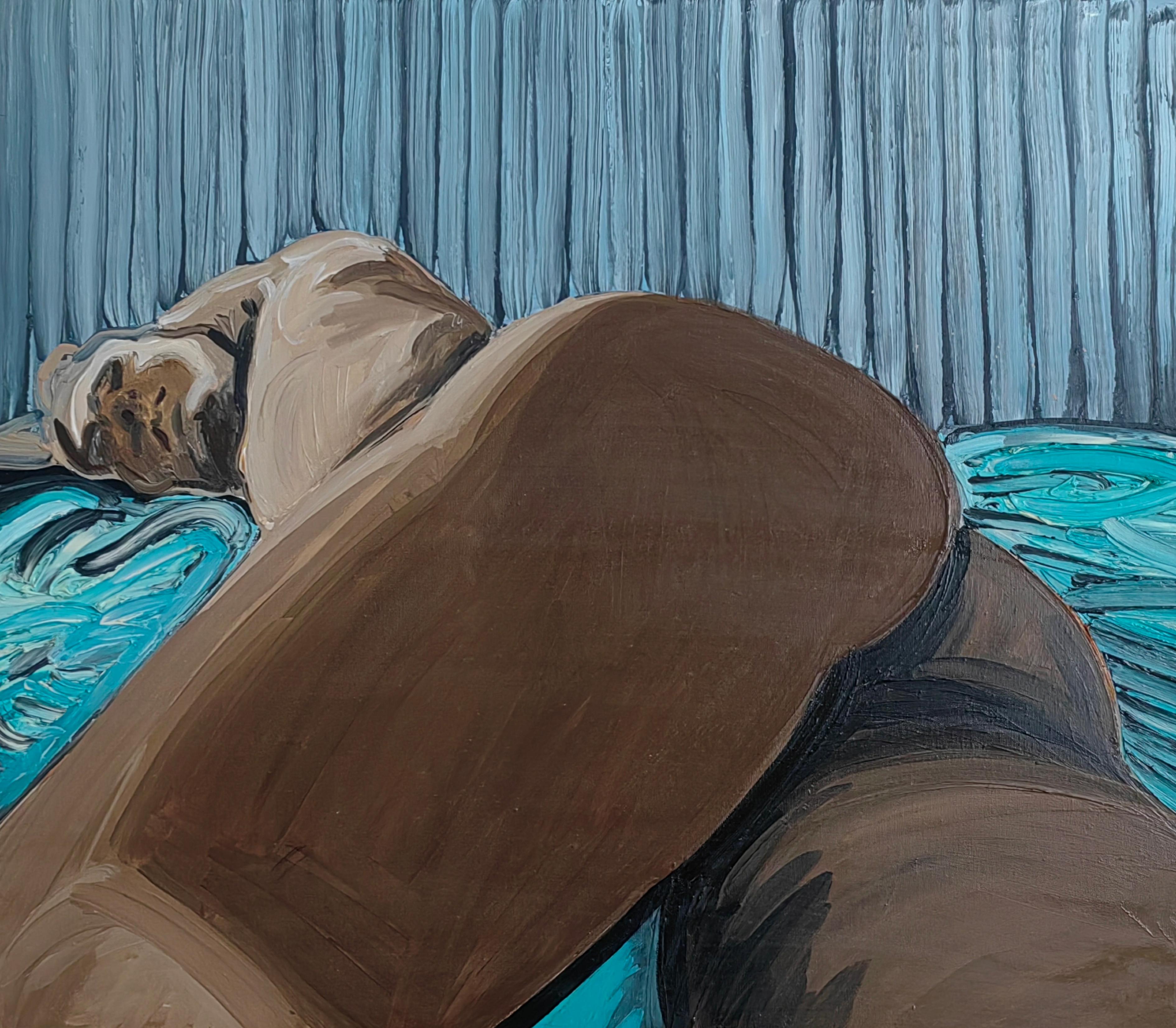 Bartosz Kolata Figurative Painting - IM BED - Contemporary Expressive, Figurative Oil Painting, Male Nude Series