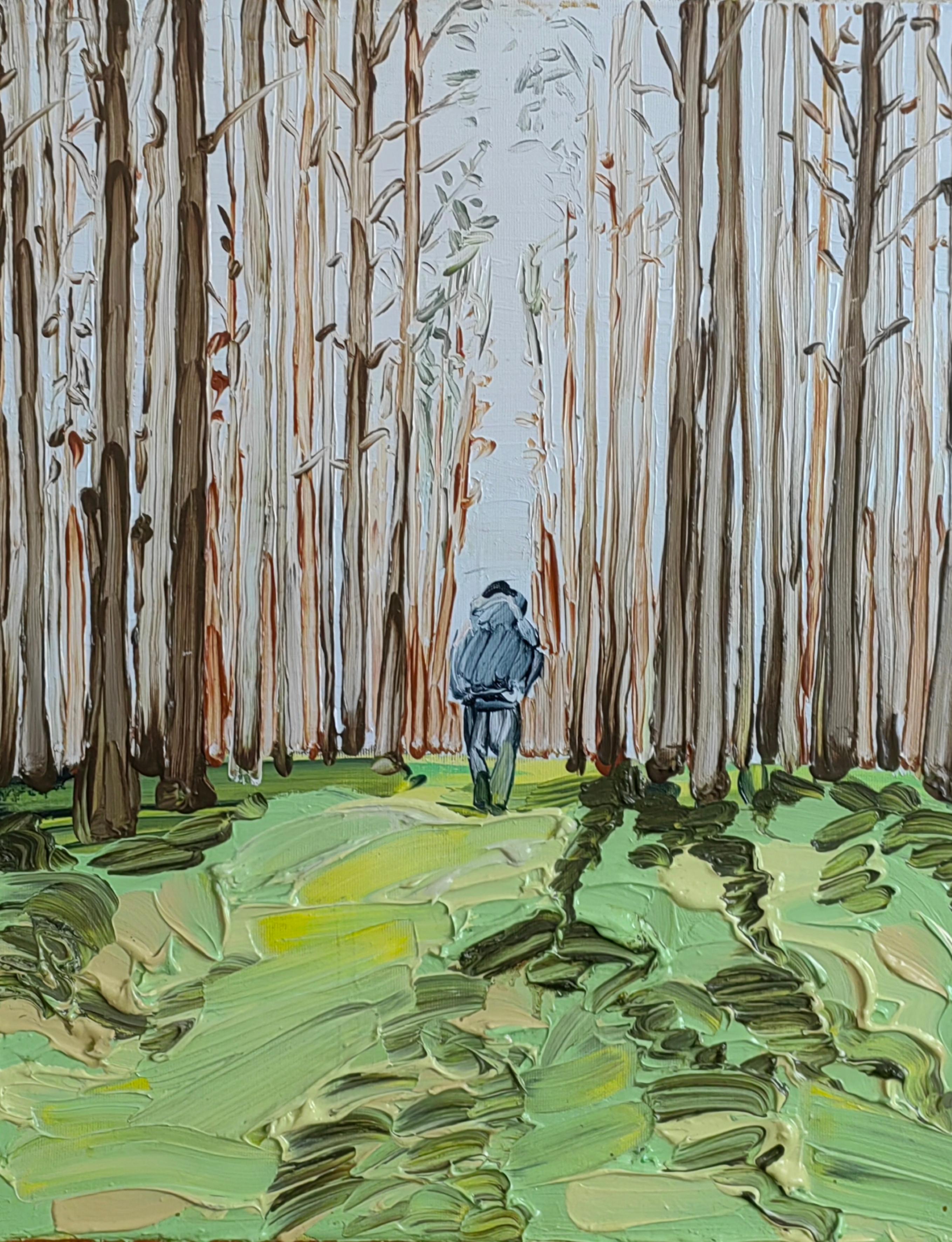 Bartosz Kolata Landscape Painting - PATH -  Walker Portrait, Contemporary Expressive Green Nature Oil Painting