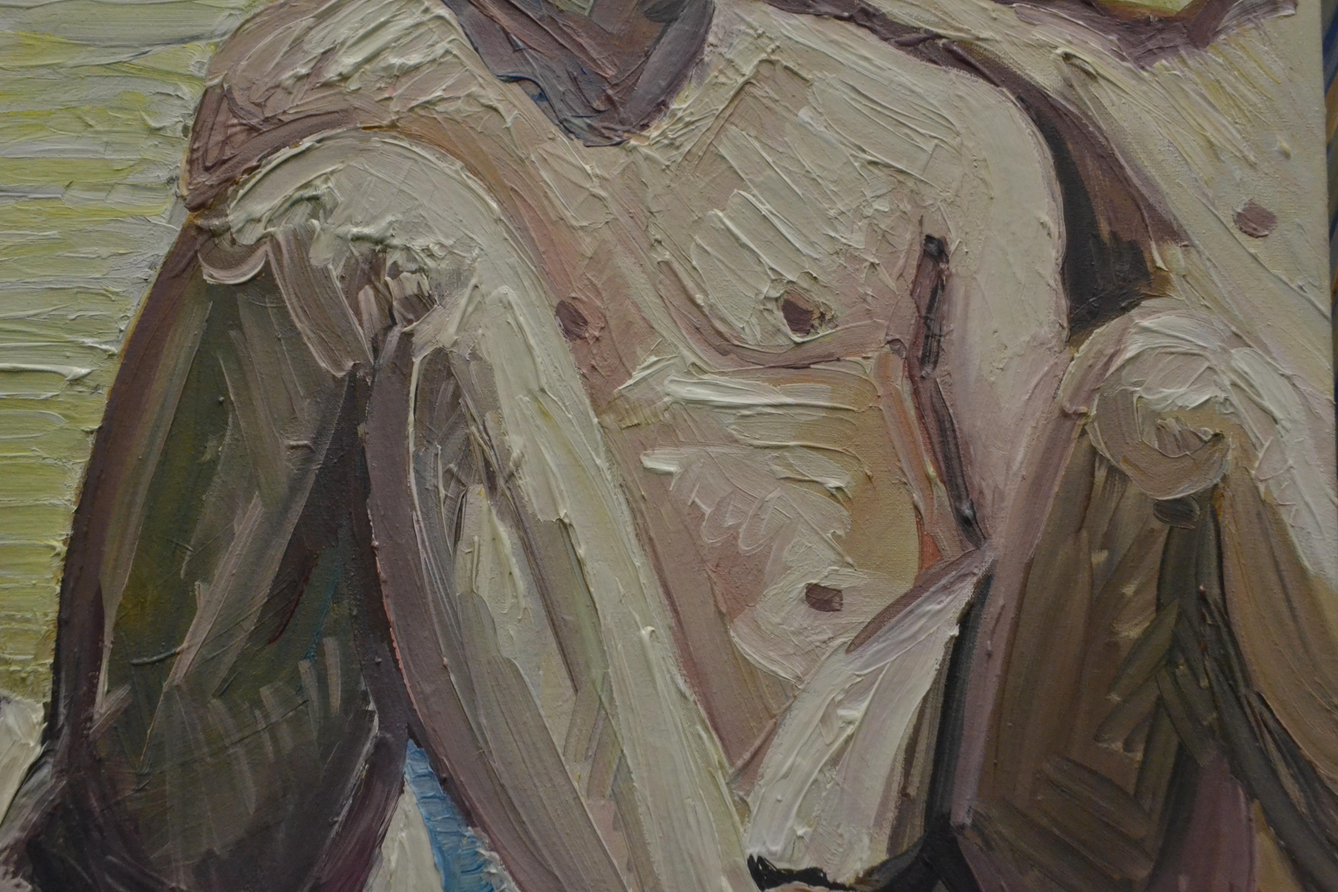 Summer 8 - Contemporary Expressive, Figurative Oil Painting, Male Nude Series - Gray Figurative Painting by Bartosz Kolata
