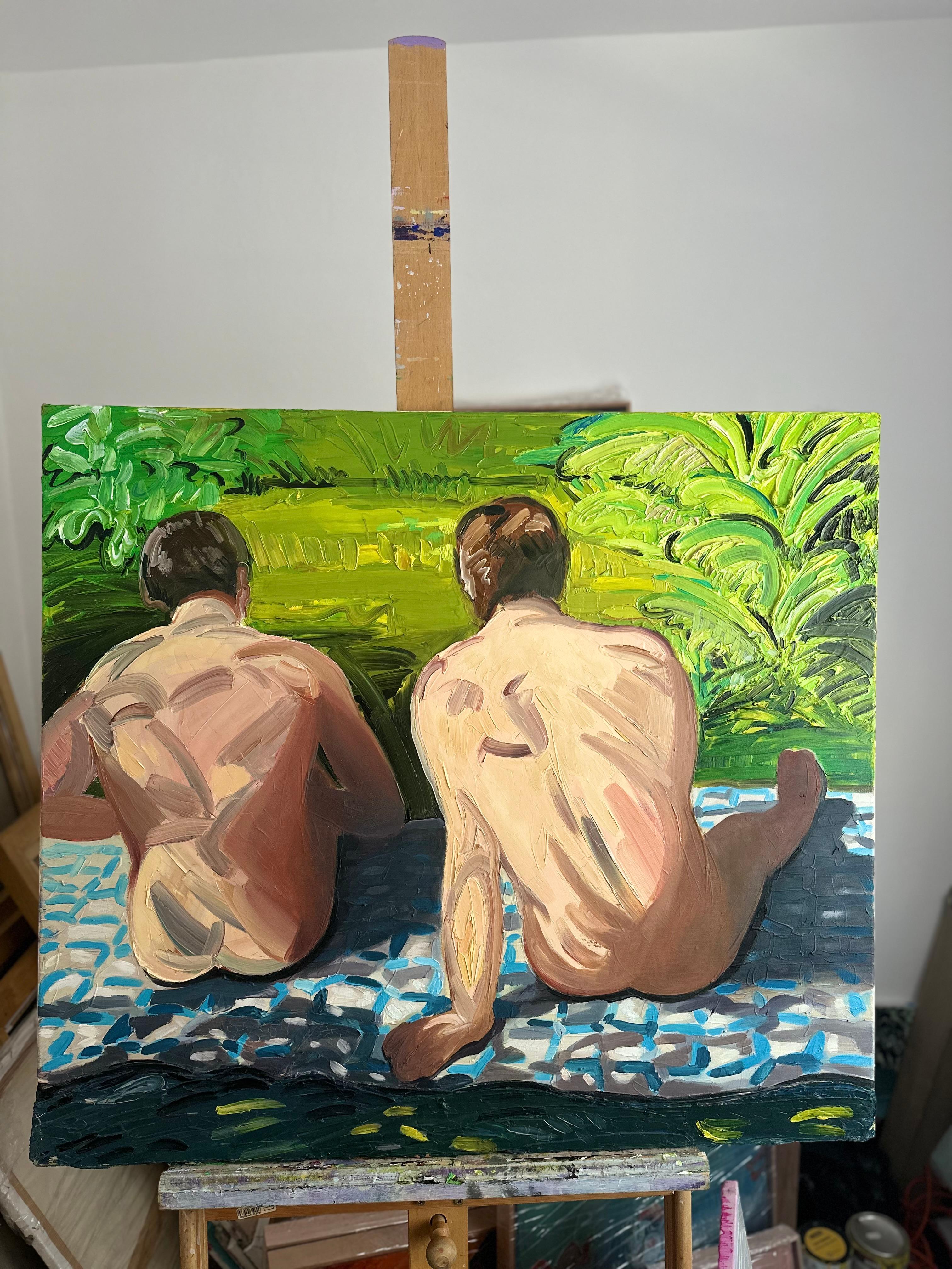 Summer - Contemporary Expressive, Figurative Oil Painting, Male Nude Series (série de nus masculins) - Noir Figurative Painting par Bartosz Kolata