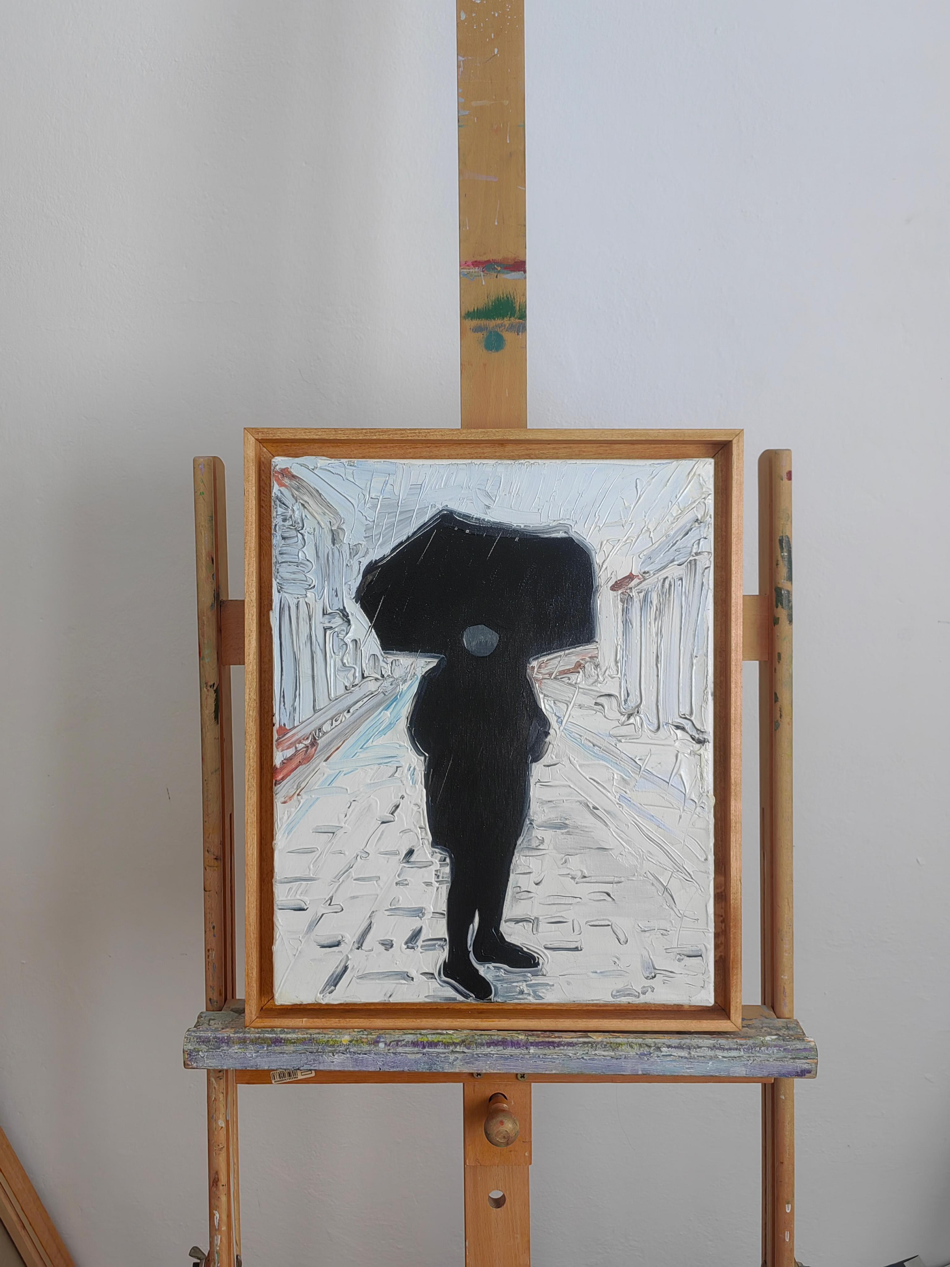 Umbrella - Stadtansicht mit Figur,  Expressionistisches Ölgemälde  – Painting von Bartosz Kolata