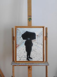 Umbrella - City View With Figure,  Expressive Oil Painting