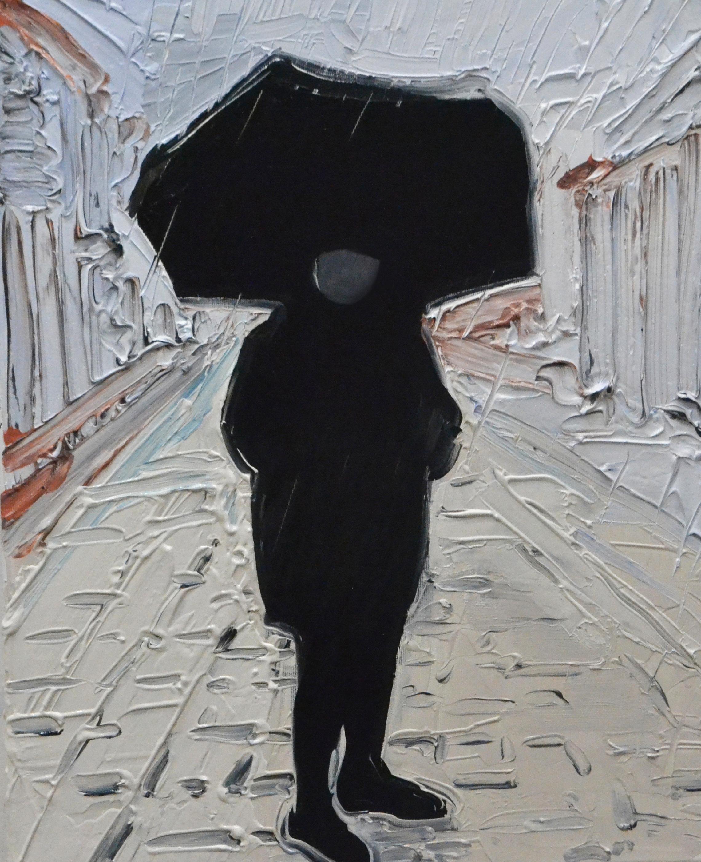 Bartosz Kolata Figurative Painting – Umbrella - Stadtansicht mit Figur,  Expressionistisches Ölgemälde 