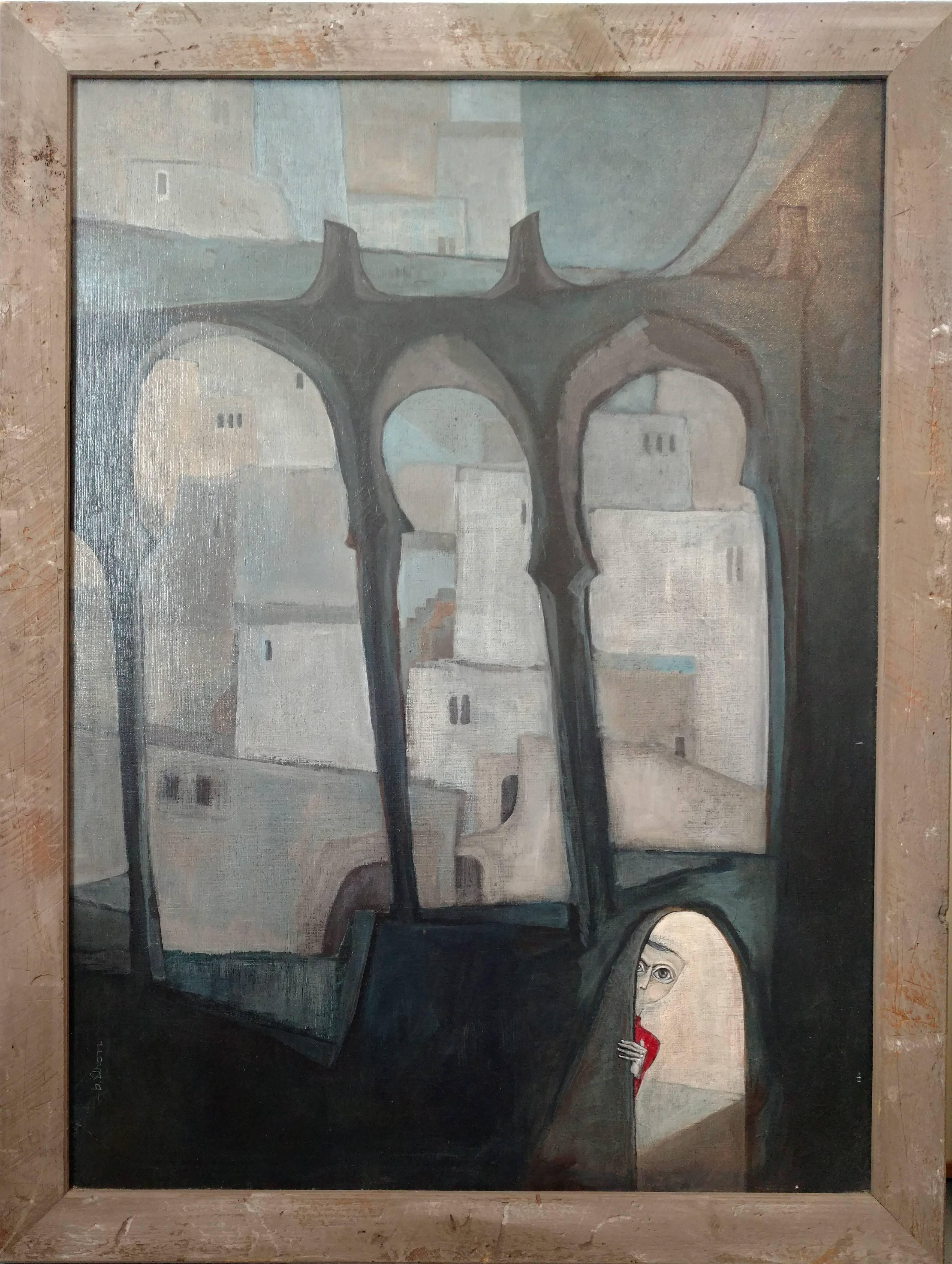 Large Surrealist Symbolist Painting, Peeking Child, Moorish Architectural Arches - Gray Figurative Painting by Baruch Elron