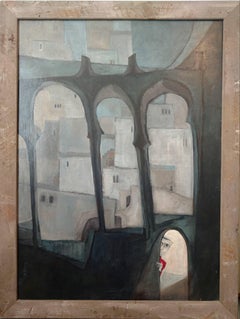 Large Surrealist Symbolist Painting, Peeking Child, Moorish Architectural Arches