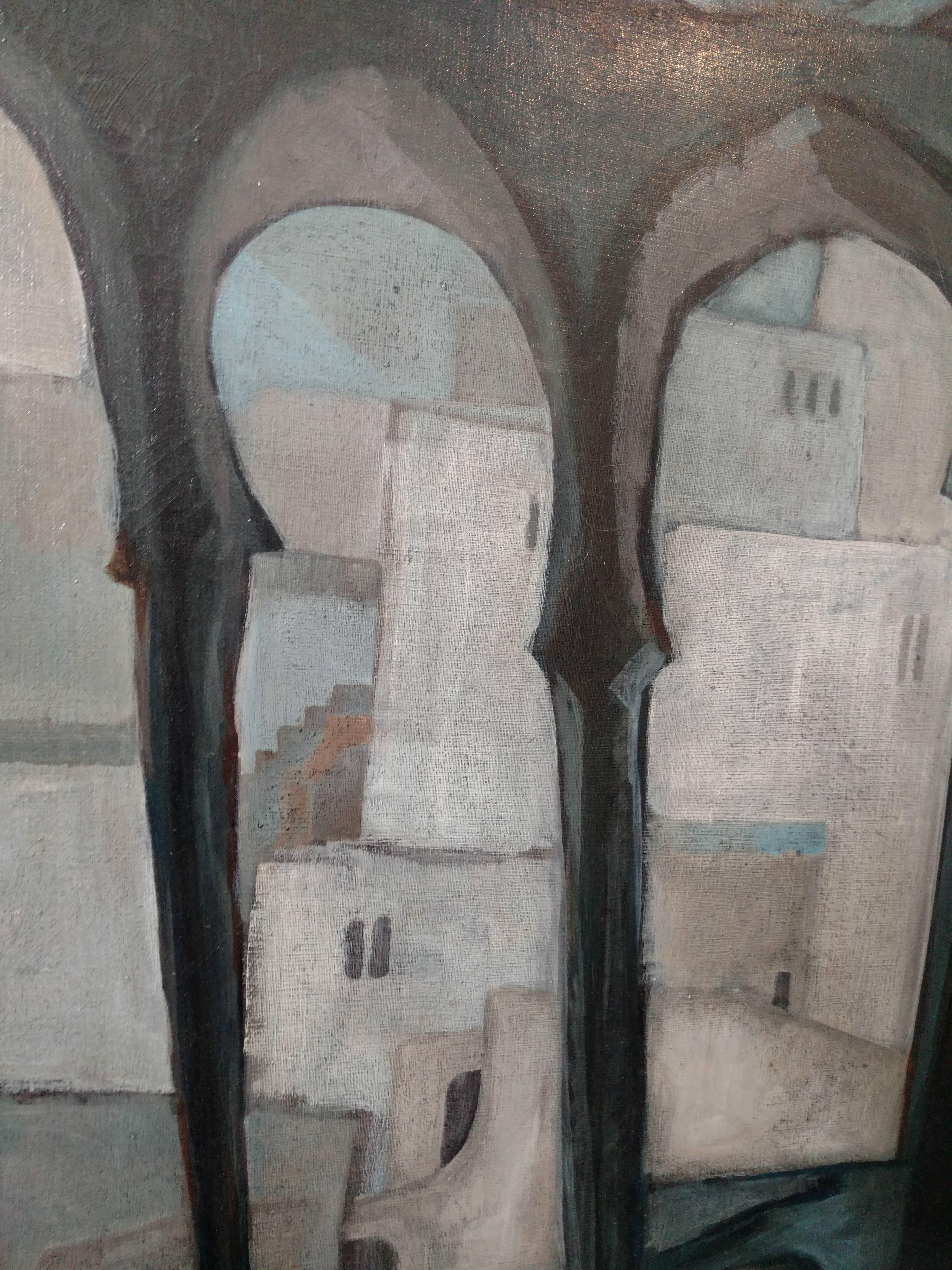 Large Surrealist Symbolist Painting With a peeking, peering figure of a child dressed in red in a typical Middle Eastern Architectural setting. (unframed 28.75X39.5 inches)
Baruch Elron (1934–2006) was an Israeli painter best known for his unique