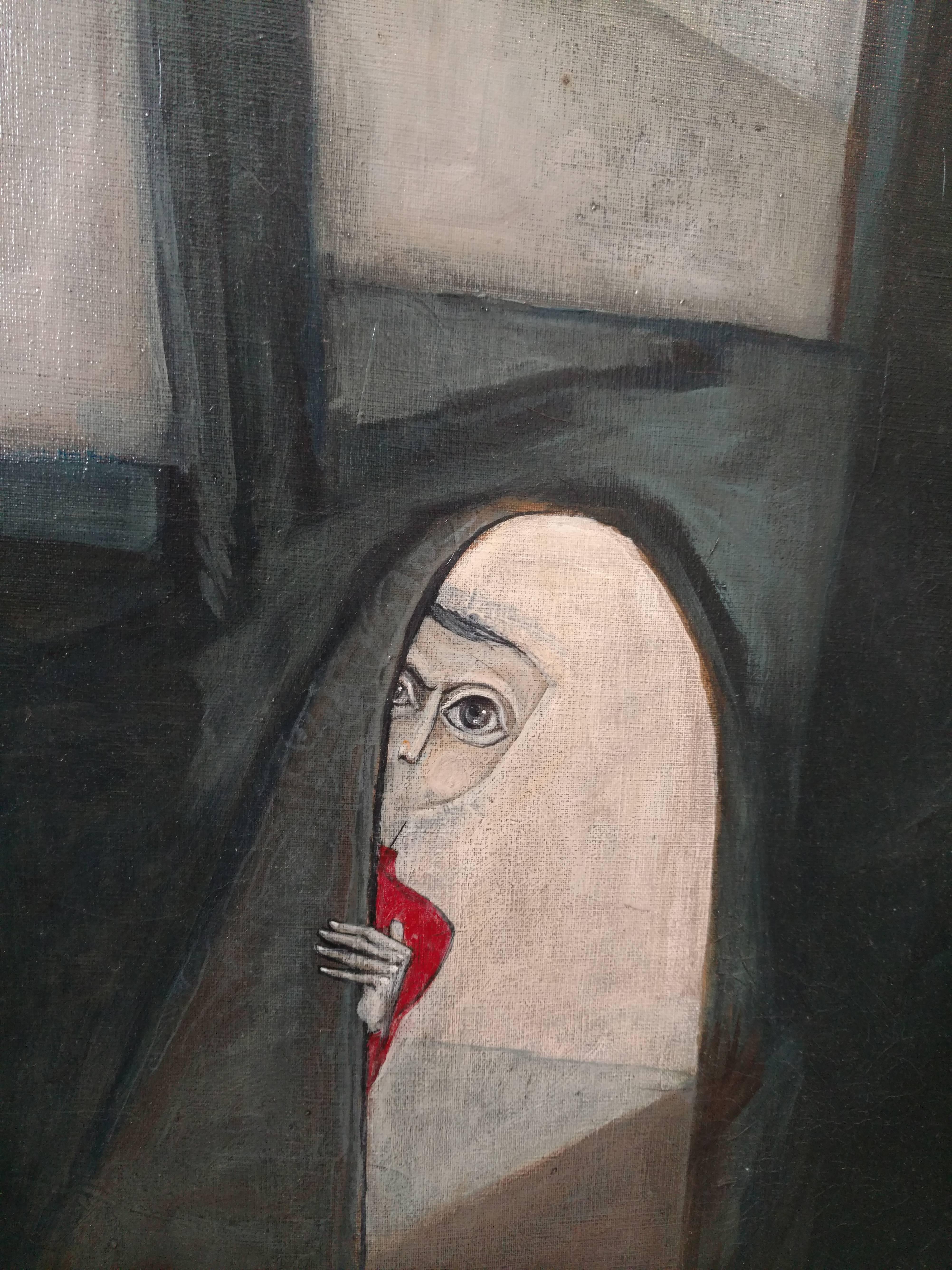 Large Surrealist Symbolist Painting, Peeking Child, Moorish Architectural Arches - Gray Figurative Painting by Baruch Elron