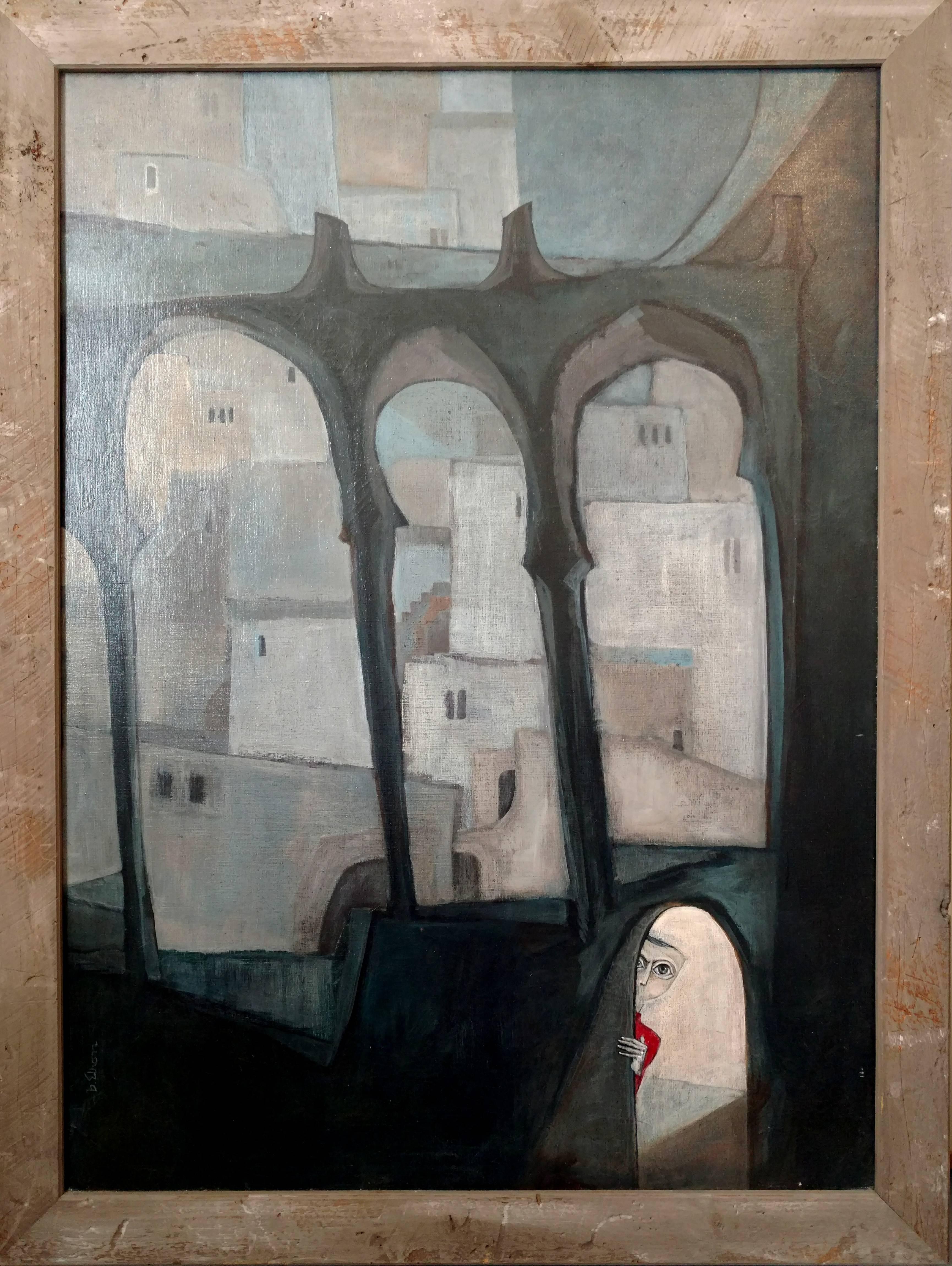 Baruch Elron Figurative Painting - Large Surrealist Symbolist Painting, Peeking Child, Moorish Architectural Arches