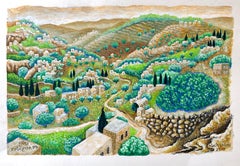 Judaica Acrylic Painting Israeli Art Baruch Nachshon Chevron Jerusalem Hills