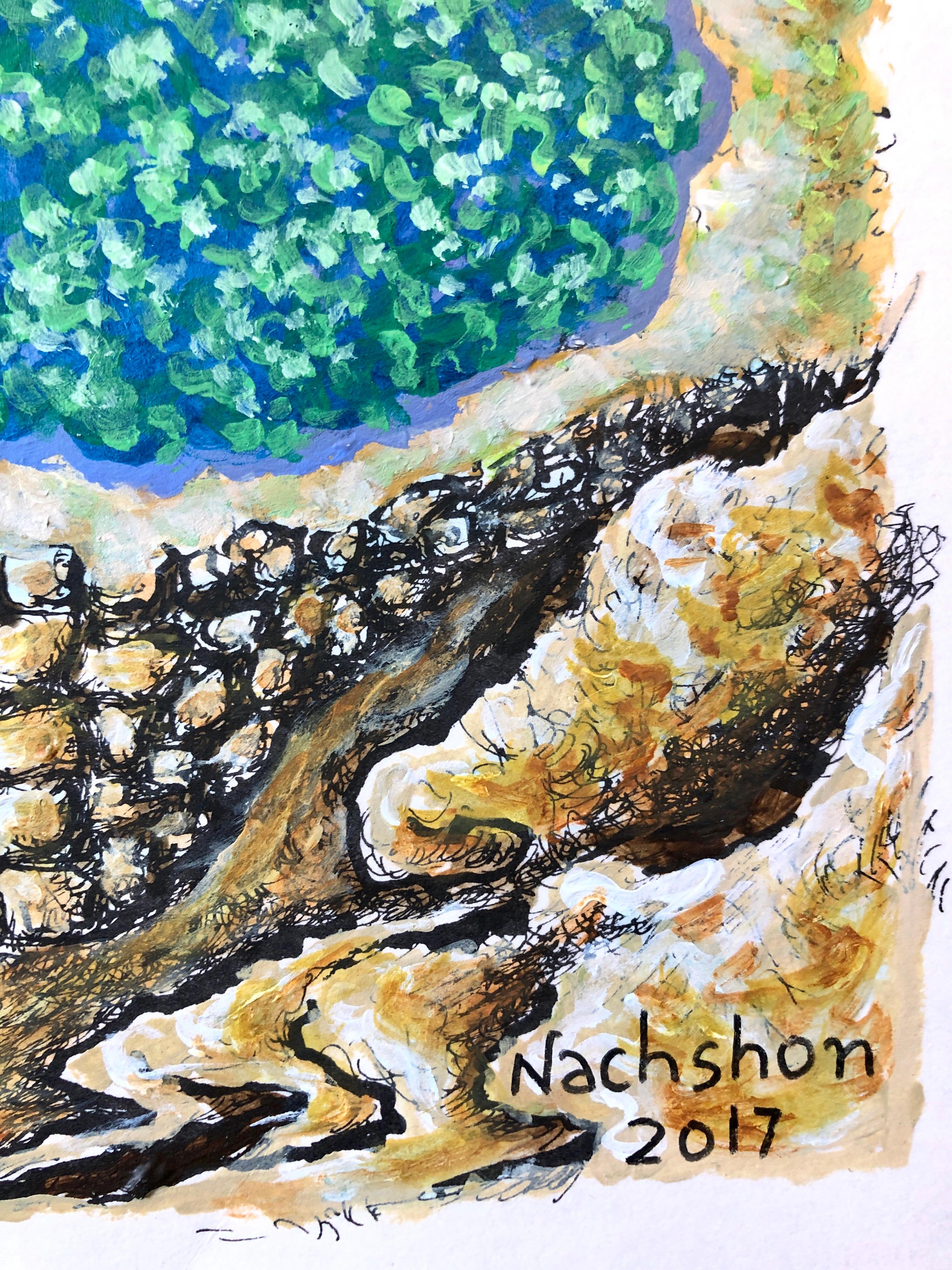 Judaica Acrylic Painting Israeli Art Baruch Nachshon Chevron Jerusalem Hills 1