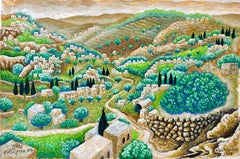 Judaica Acrylic Painting Israeli Art Baruch Nachshon Chevron Jerusalem Hills 