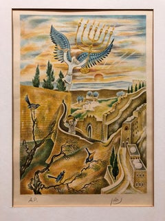 Jerusalem Menorah Israeli Judaica Surrealist Lithograph