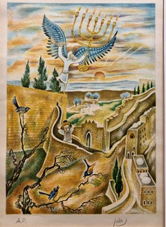 Jerusalem Menorah Israeli Judaica Surrealist Lithograph