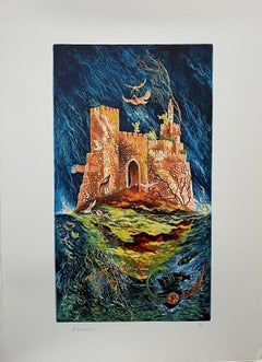 Large Baruch Nachshon Israeli Surrealist Color Lithograph Judaica Israel