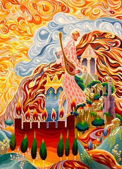 Large Colorful Jerusalem Israeli Judaica Surrealist Lithograph on Heavy Paper