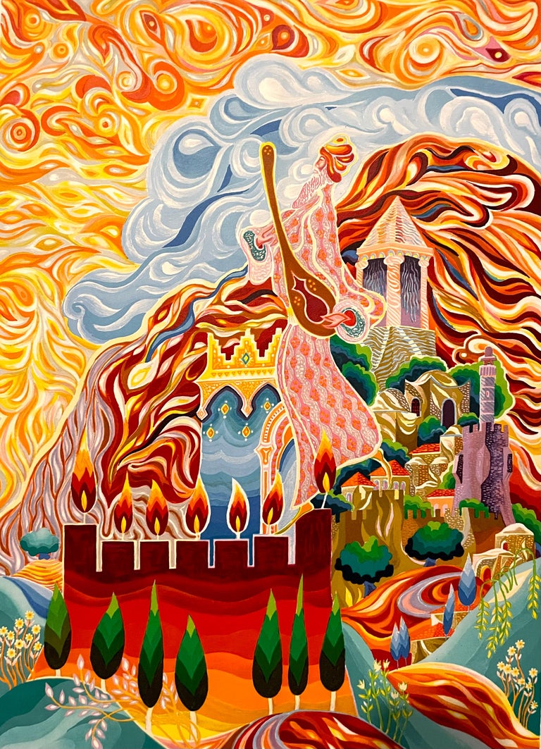 Baruch Nachshon Large Colourful Jerusalem Israeli Judaica Surrealist