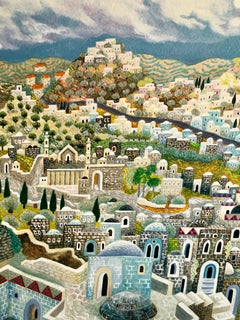 Large Jerusalem Israeli Judaica Surrealist Lithograph on Heavy Paper