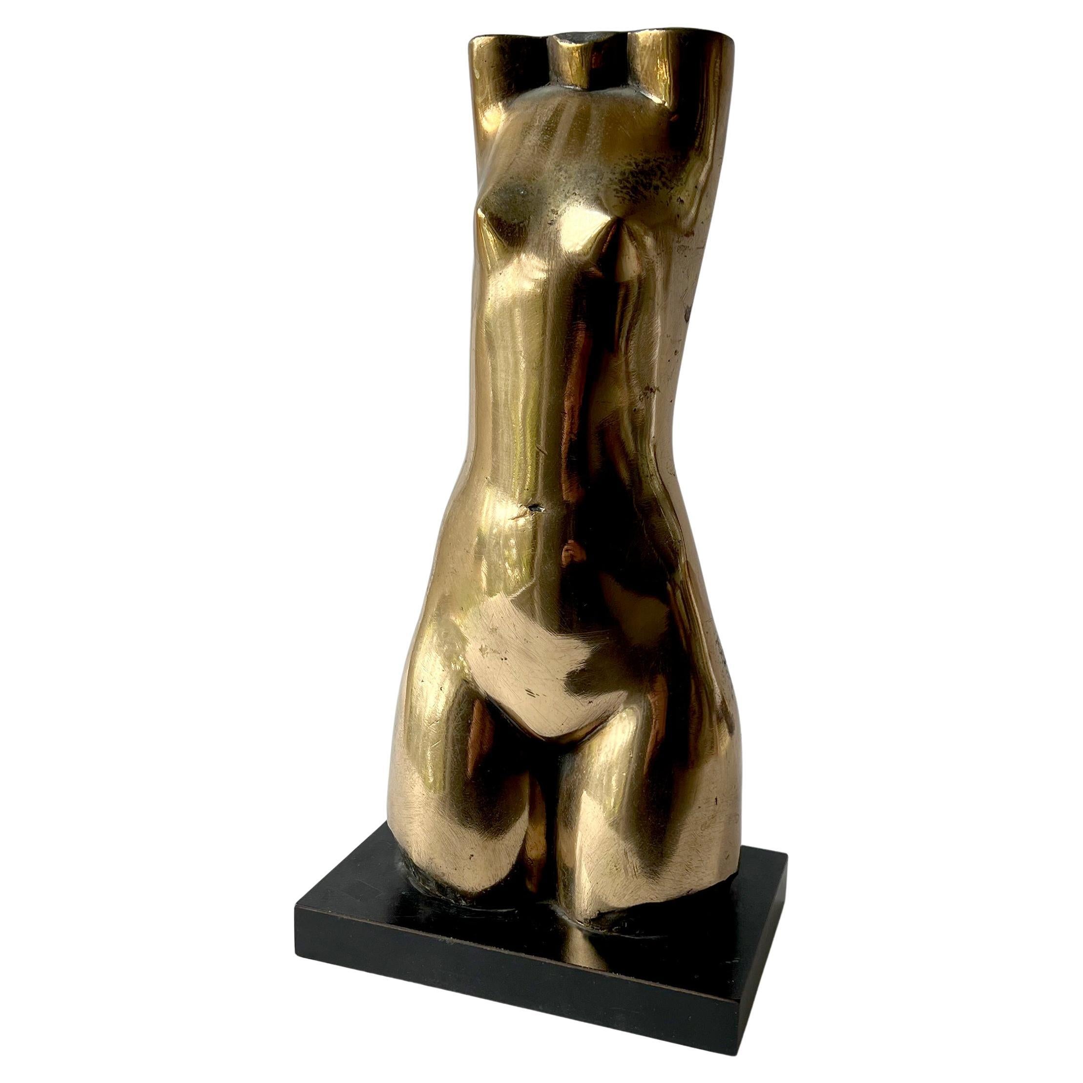 Late 20th Century Baruch Saktsier Israeli Modernist Bronze Torso on Wood Base For Sale