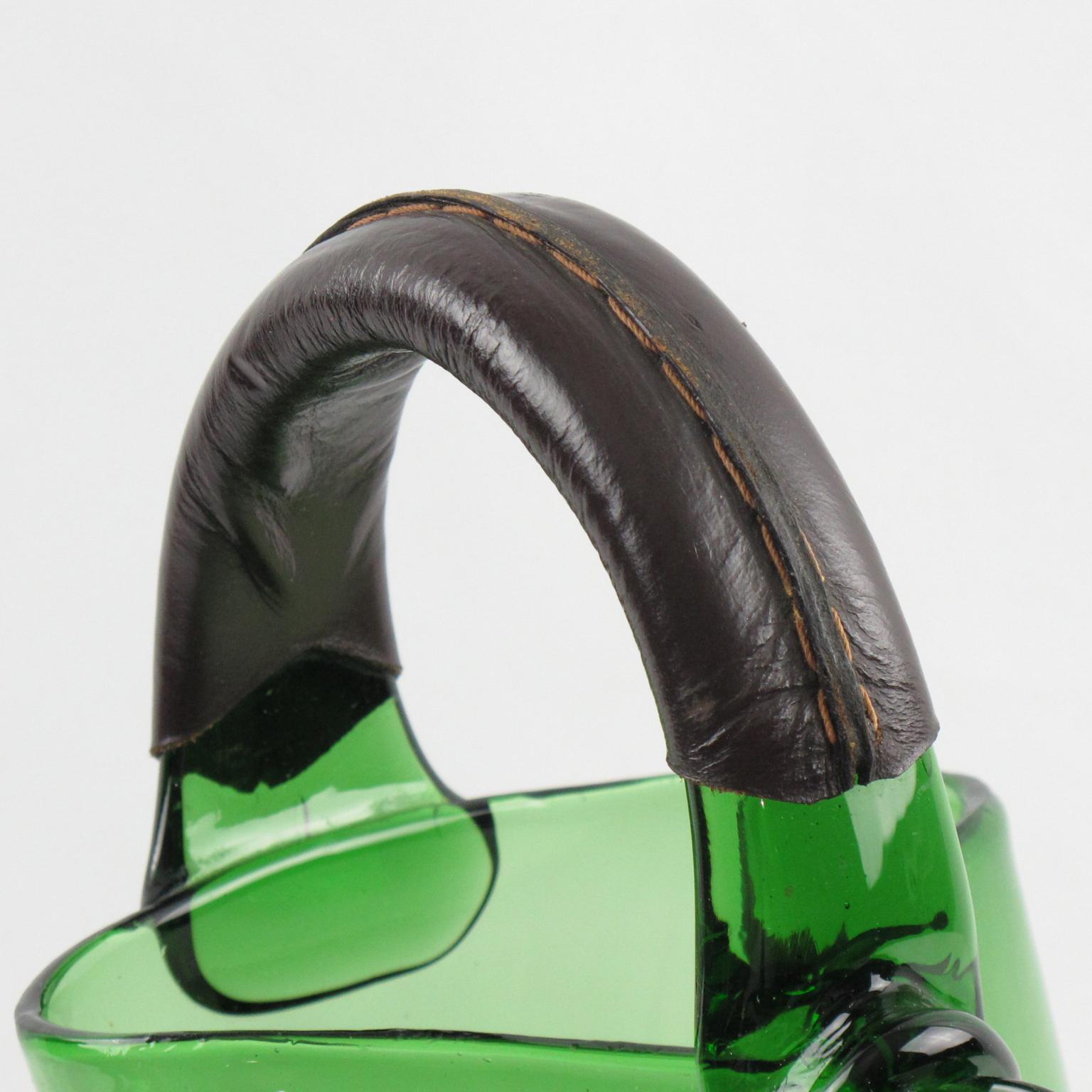 Barware Cocktail Glass Pitcher with Leather Handle, Italy 1960s In Excellent Condition For Sale In Atlanta, GA