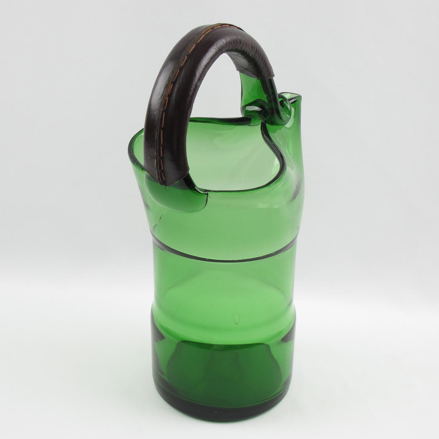 Barware Cocktail Glass Pitcher with Leather Handle, Italy 1960s For Sale 2