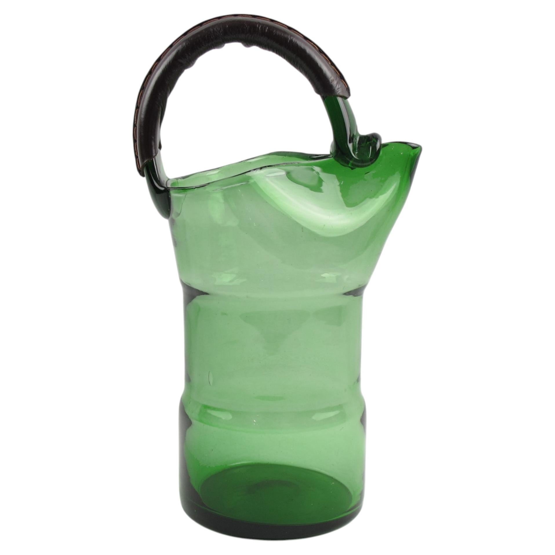 Barware Cocktail Glass Pitcher with Leather Handle, Italy 1960s For Sale