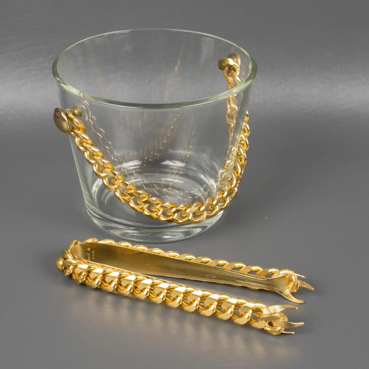 Barware Cocktail Set Ice Bucket and 8 Glasses with Gilded Chain, 1980s For Sale 5
