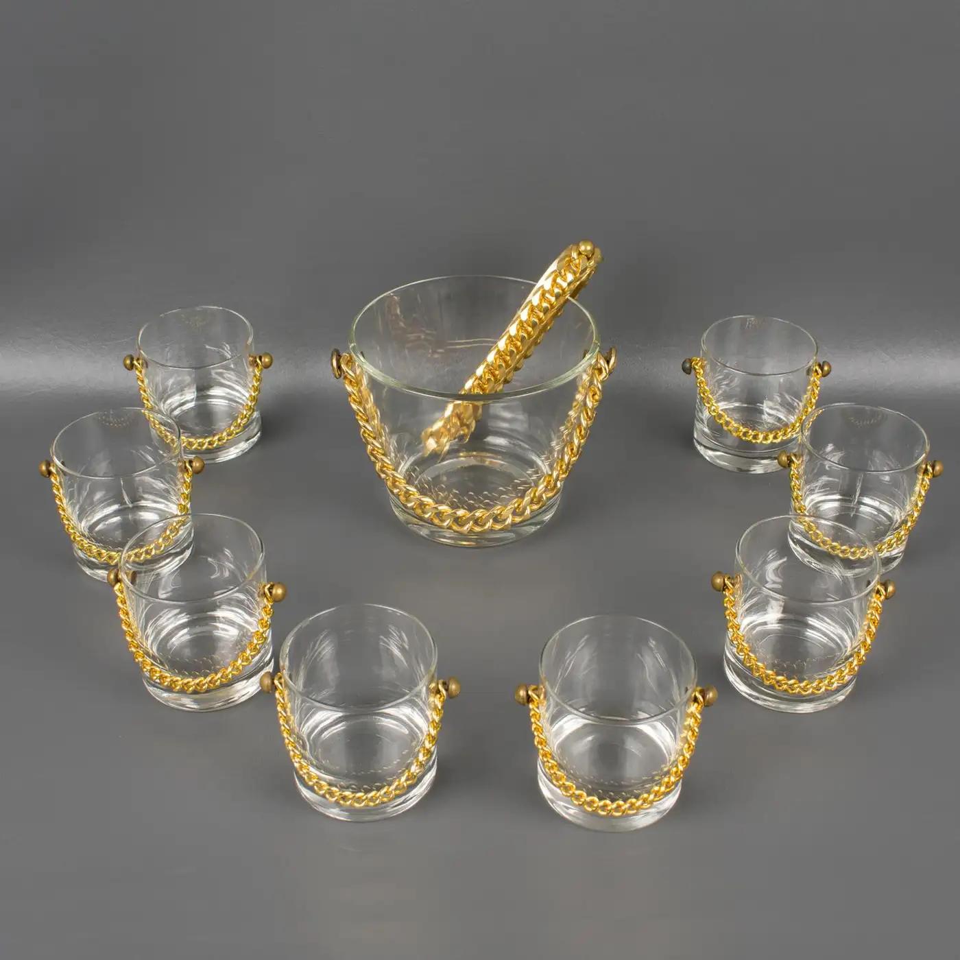 American Barware Cocktail Set Ice Bucket and 8 Glasses with Gilded Chain, 1980s For Sale