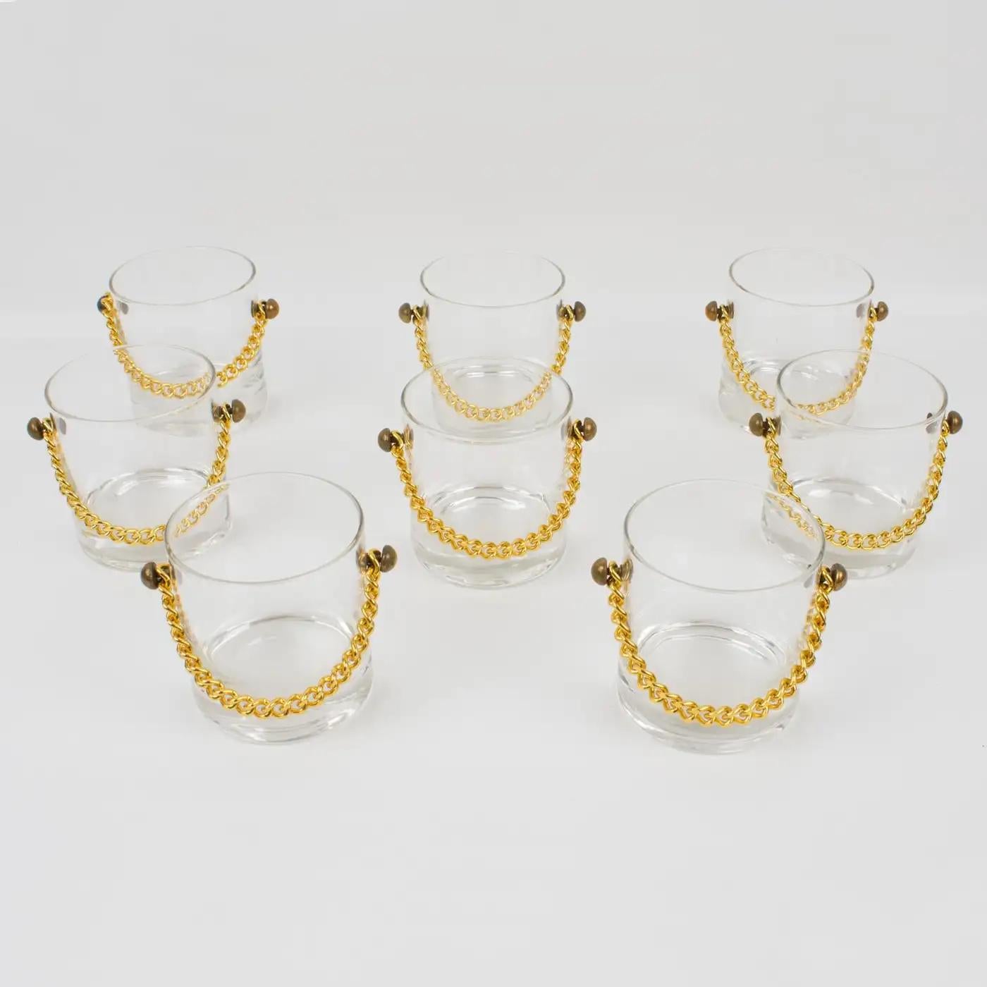 Barware Cocktail Set Ice Bucket and 8 Glasses with Gilded Chain, 1980s In Good Condition For Sale In Atlanta, GA