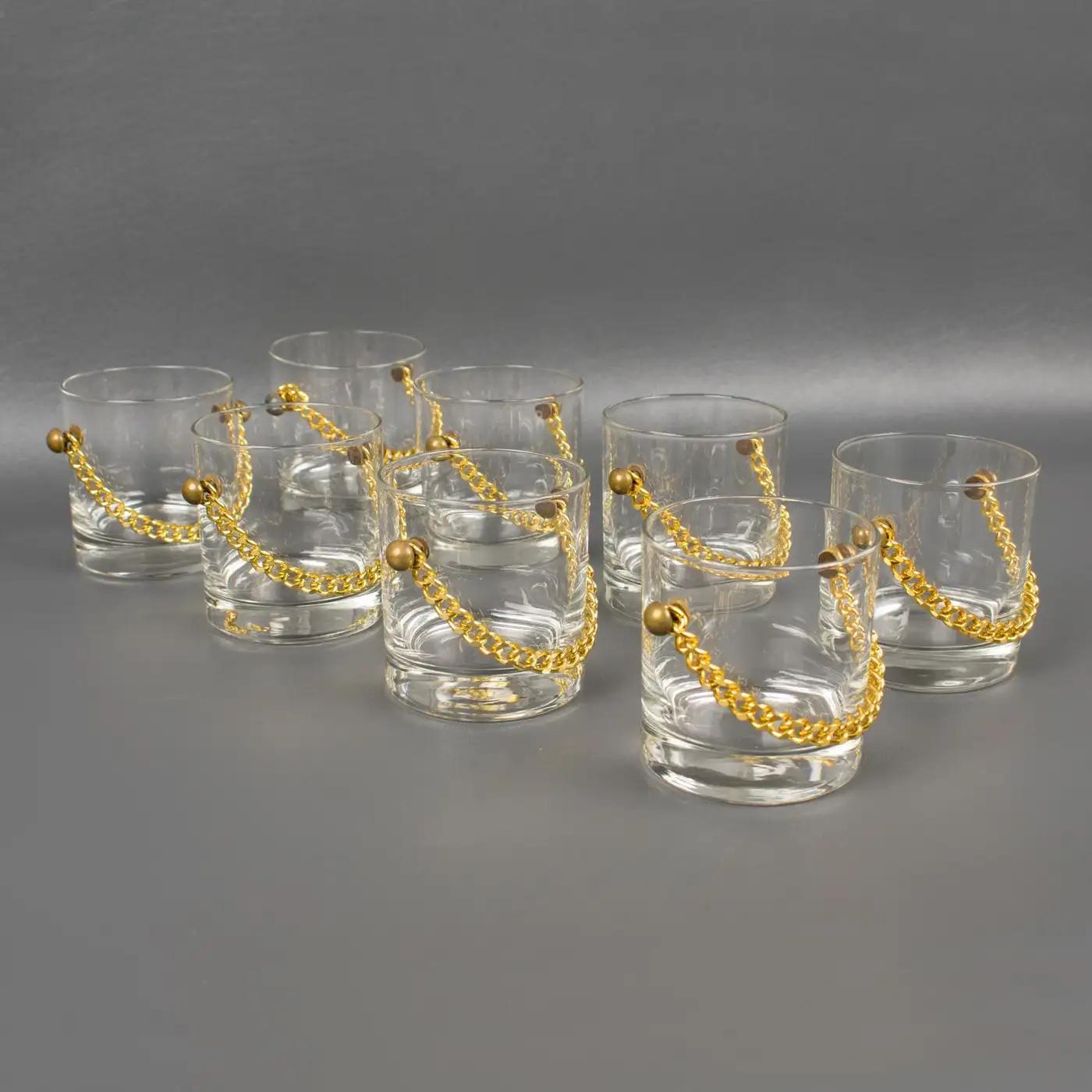 Late 20th Century Barware Cocktail Set Ice Bucket and 8 Glasses with Gilded Chain, 1980s For Sale