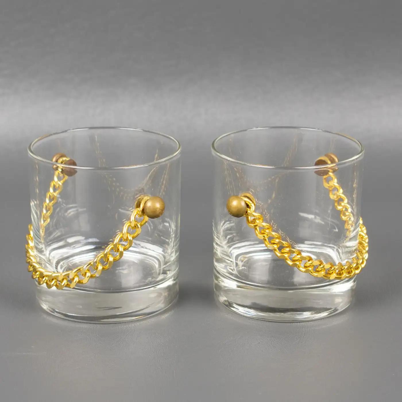 Metal Barware Cocktail Set Ice Bucket and 8 Glasses with Gilded Chain, 1980s For Sale