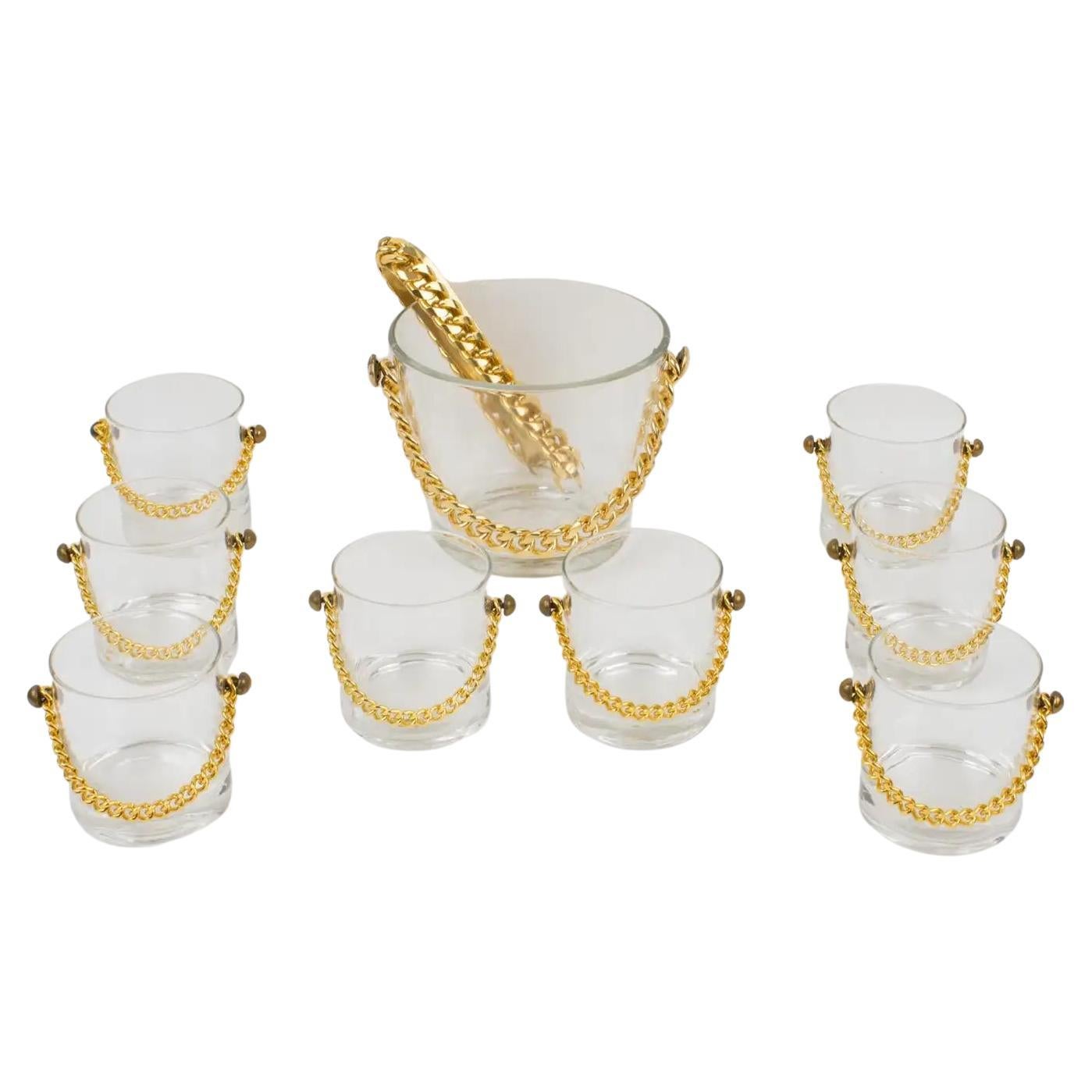 Barware Cocktail Set Ice Bucket and 8 Glasses with Gilded Chain, 1980s For Sale