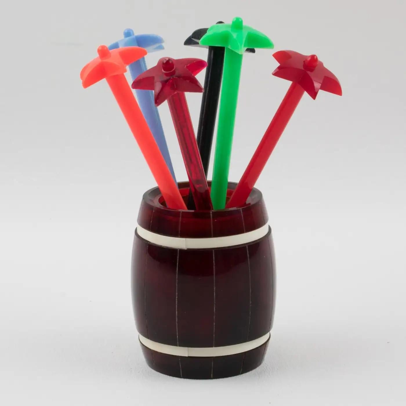 Mid-Century Modern Barware Cocktail Set Tortoise Lucite Barrel and Multicolor Stirrers For Sale