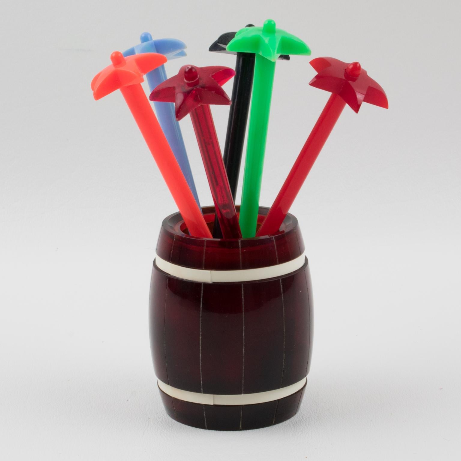 Mid-Century Modern Barware Cocktail Tortoise Lucite Barrel and Multicolor Stirrers For Sale