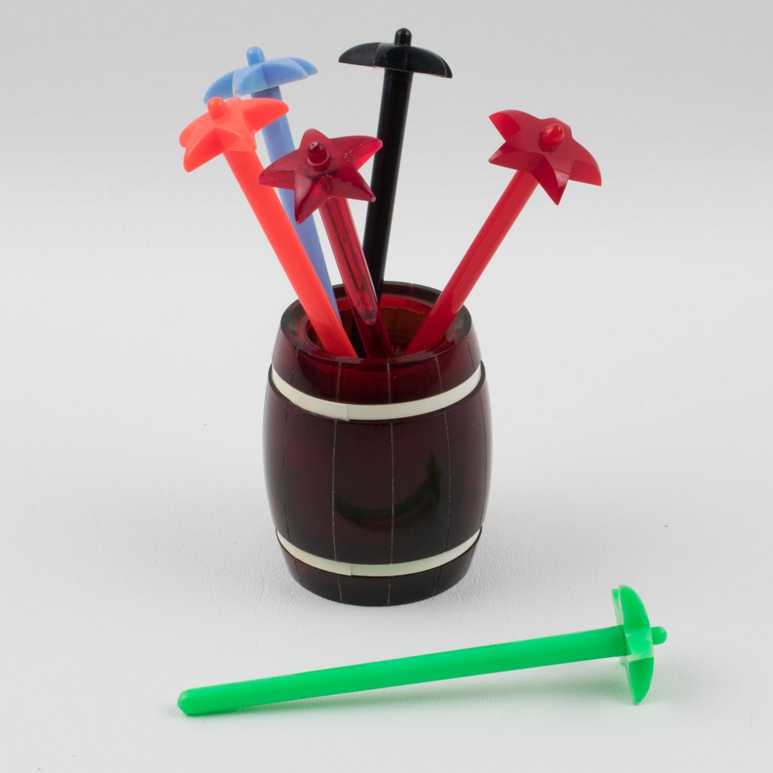 French Barware Cocktail Tortoise Lucite Barrel and Multicolor Stirrers For Sale