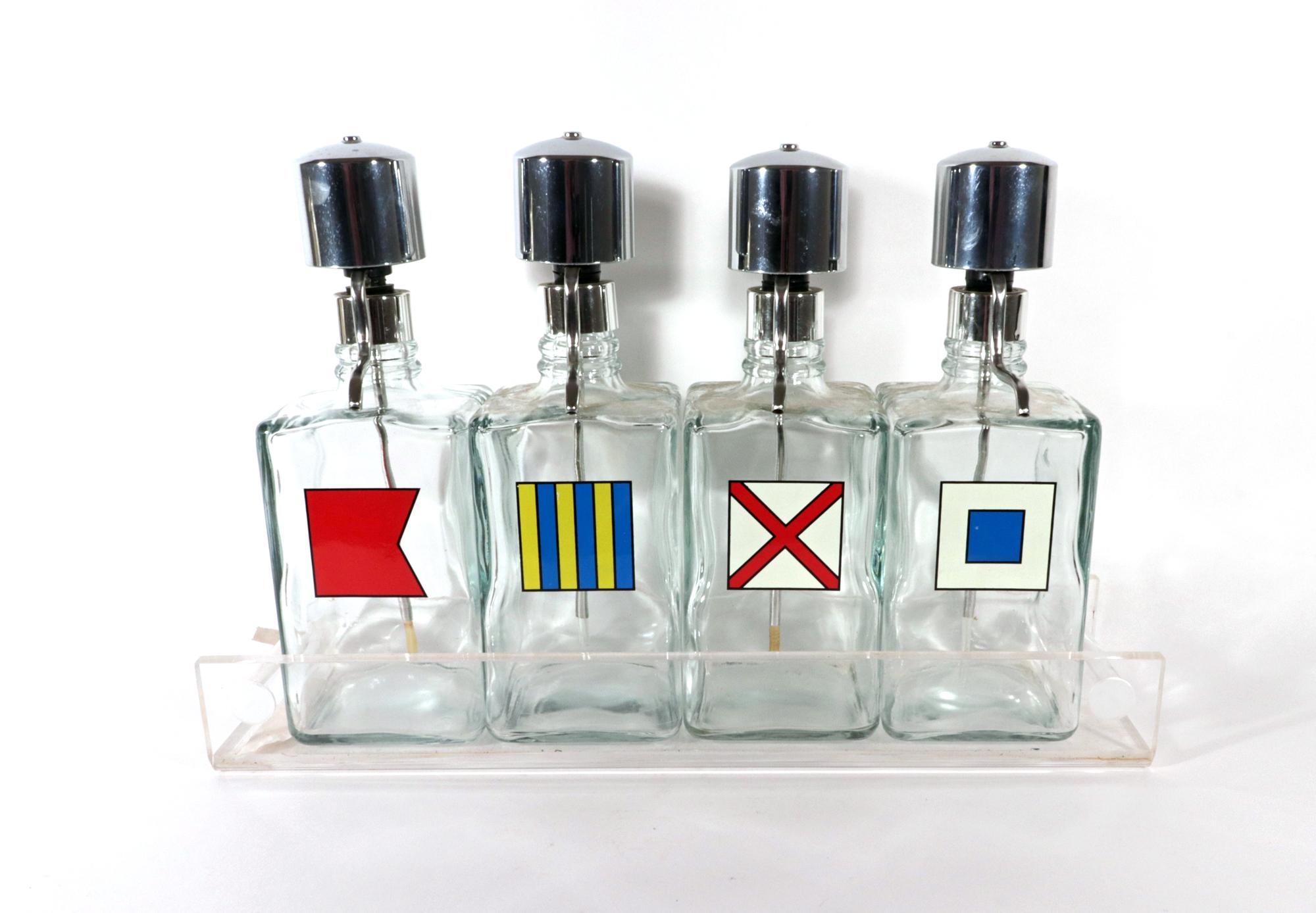 Barware Glass Liquor Dispenser Bottles on Lucite Base, Mid-Century Modern In Good Condition In Downingtown, PA