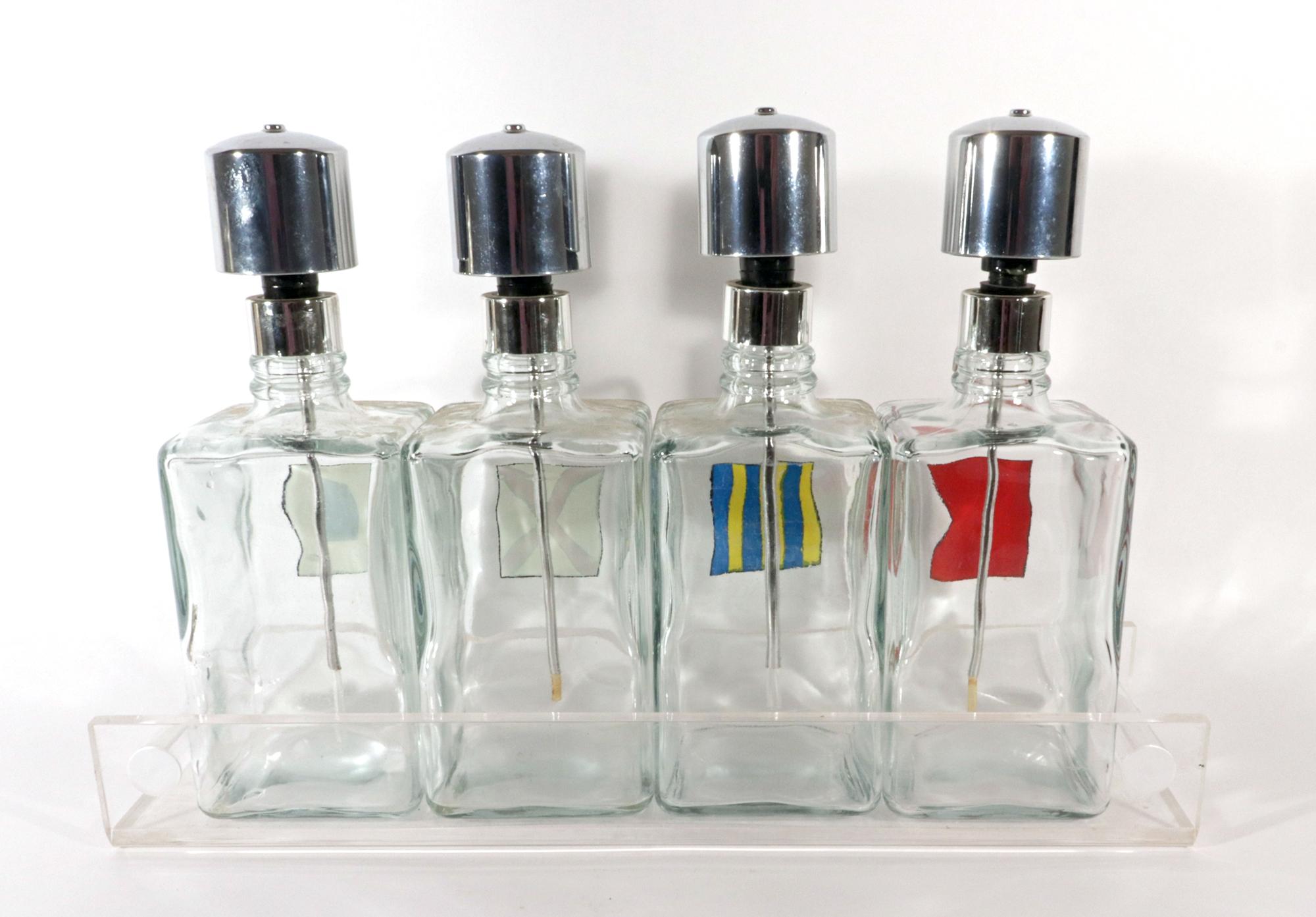 Late 20th Century Barware Glass Liquor Dispenser Bottles on Lucite Base, Mid-Century Modern