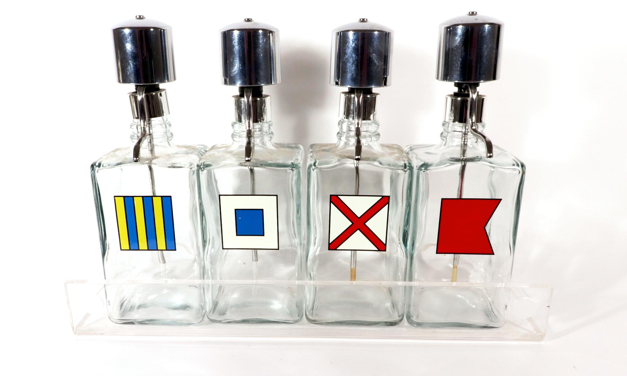 Barware Glass Liquor Dispenser Bottles on Lucite Base, Mid-Century Modern 1